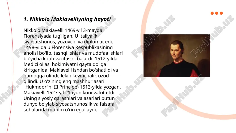 rg‘ib qilish uchun 2021-yilda 10 million dollar mablag‘ sarflandi. statistikaga ko‘ra, xavfsizlik qoidalariga rioya qiluvchi korxonalarda qoidabuzarliklar 50% ga kamayadi. xavfsizlik kameralari qo‘llanilishi 2023-yilda 5% ga oshib, hamma joyda foydalanilmoqda. barcha xavfsizlik choralari fuqarolar va korxonalar uchun muhimdir. ... t.me/slaydai_bot 10. sadoqat va qo‘rquv orqali boshqarish sadoqat va qo‘rquv orqali boshqarish boshqaruv usullari sifatida qadimdan mavjud. sadoqat orqali boshqarish muvaffaqiyat kasb etgan rahbarlar va tashkilotlar bilan bog‘liq bo‘lib, bu jarayonda ishchilar rahbarga ishonadi va motivatsiyaga ega bo‘lib ishlaydi. boshqa tomondan, qo‘rquv orqali boshqarish ishchilarni qo‘rqitish, jarimalar yoki jazolar orqali tartibni saqlash usulidir. tadqiqotlar shuni ko‘rsatadiki, motivatsiya va sadoqat asosida ishlaydigan korxonalar 20% yuqori samaradorlikka erishadi. shuningdek, qo‘rquv muhitida ishlaydigan xodimlar 25% kam ijodiy bo‘ladi. sadoqat va qo‘rquv orqali boshqarish usullarini balansli qo‘llash muvaffaqiyatsizlikning oldini olishi mumkin. ... t.me/slaydai_bot 11. hukmdorlarning axloqiy majburiyatlari davrida hukmdorlar ma'muriy va ijtimoiy mas'uliyatlarni o'z zimmalariga olishgan. ular xalqqa xizmat qilish, adolatni ta'minlash va saltanatni rivojlantirishga …