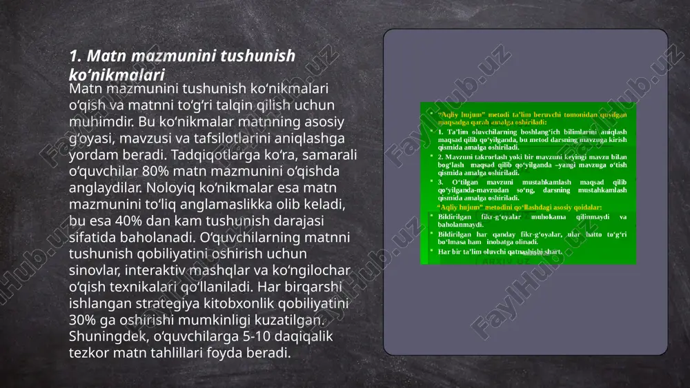 ni yaxshiroq anglashga yordam beradi. matn odatda kirish, asosiy qism va xulosa kabi qismlarga bo'linadi. kirish qismi matn haqida umumiy ma'lumot beradi va muammoni tanishtiradi. asosiy qismda asosiy fikrlar va dalillar keltiriladi, bu qism odatda eng batafsil bo'ladi. xulosa qismi esa matnning asosiy g'oyalarini umumlashtirib, muhim nuqtalarni qayd etadi. matnga tushunarli va aniq tarzda yondashish uchun har bir qismning rolini bilish zarur. ... t.me/slaydai_bot 7. matn mazmunini qayta hikoya qilish matn mazmunini qayta hikoya qilish, matnning asosiy g'oyasini yoki mazmunini qisqacha va aniqroq ifodalash jarayonidir. bu usulda o'quvchi yoki tinglovchi matnning asosiy tushunchalarini tushunadi. qayta hikoya qilishda matnning asosiy voqealari, personajlar va muhim nuqtalari umumlashtiriladi. odatda, bu uslub matnni osonroq tushunish yoki uning muhim qismlarini eslab qolish uchun qo'llaniladi. qayta hikoya qilganda, talaffuz qilish qobiliyatlari va fikrlarni aniq ifodalash ustida ish olib boriladi. bu ko'pincha til o'rganishda va o'quv jarayonlarida qo'llaniladi. ... t.me/slaydai_bot matnni har xil nuqtai nazaridan tahlil qilish …