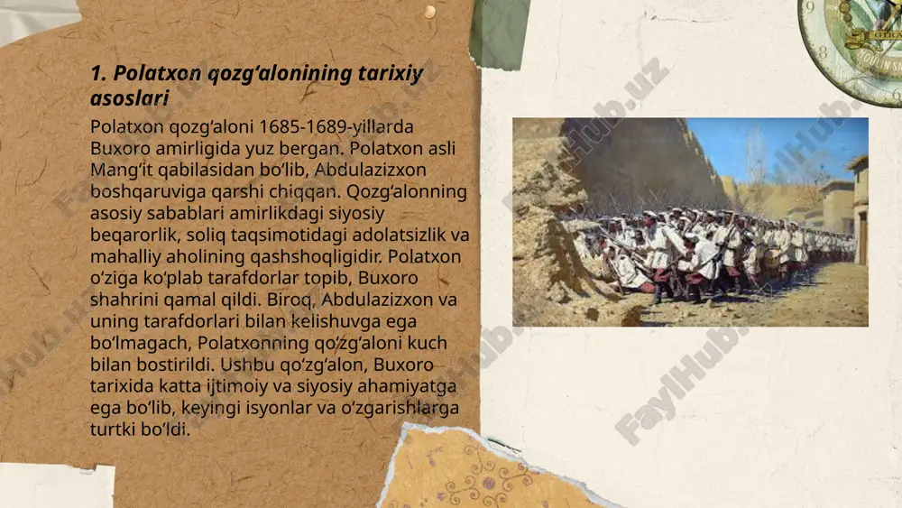 si o‘zining markaziy osiyodagi ta'sirini kuchaytirish uchun ma'lum darajada polatxon qozg‘alonidan foydalangan. 1868-yilda buxoro amirligi rasman rossiya imperiyasiga qaram davlat sifatida tan olindi va bu jarayonda polatxon qozg‘aloni rossiya uchun buxoroga kirishda ma'lum ma'lumot va saboq bo‘lib xizmat qilgan. ... t.me/slaydai_bot 7. polatxon qozg‘alonining oqibatlari polatxon qo‘zg‘aloni 1700 yilda buxoro xonligida sodir bo‘lgan isyon bo‘lib, xalqning noroziligidan kelib chiqqan. bu qo‘zg‘alon buxoro amirligi iqtisodiyotiga jiddiy zarar yetkazdi, savdo aloqalari vaqtincha to‘xtadi va dehqonchilik yerlari vayron bo‘ldi. ko‘plab insonlar halok bo‘ldi va minglab odamlar o‘z uylarini tark etishga majbur bo‘ldi. natijada, xonlikning ichki barqarorligi izdan chiqdi va siyosiy inqiroz kuchayib, hokimiyat almashinuvi jarayonlarini tezlashtirdi. ushbu voqealar xonlikni zaiflashtirgan va ijtimoiy-siyosiy beqarorlikni yanada kuchaytirgan. ... t.me/slaydai_bot polatxon qozg'oloni, 1810 yilda xiva xonligida yuz bergan, muhammad amin inoqning islohotlariga qarshilik ko'rsatgan harakatdir. bu qozg‘alon qishloq xo‘jaligi soliqlarining oshirilishi va xalqning og‘ir turmush sharoitlariga javoban boshlangandi. polatxon qozg‘aloni, o‘z navbatida, 1821 yilda namanganda yuz …