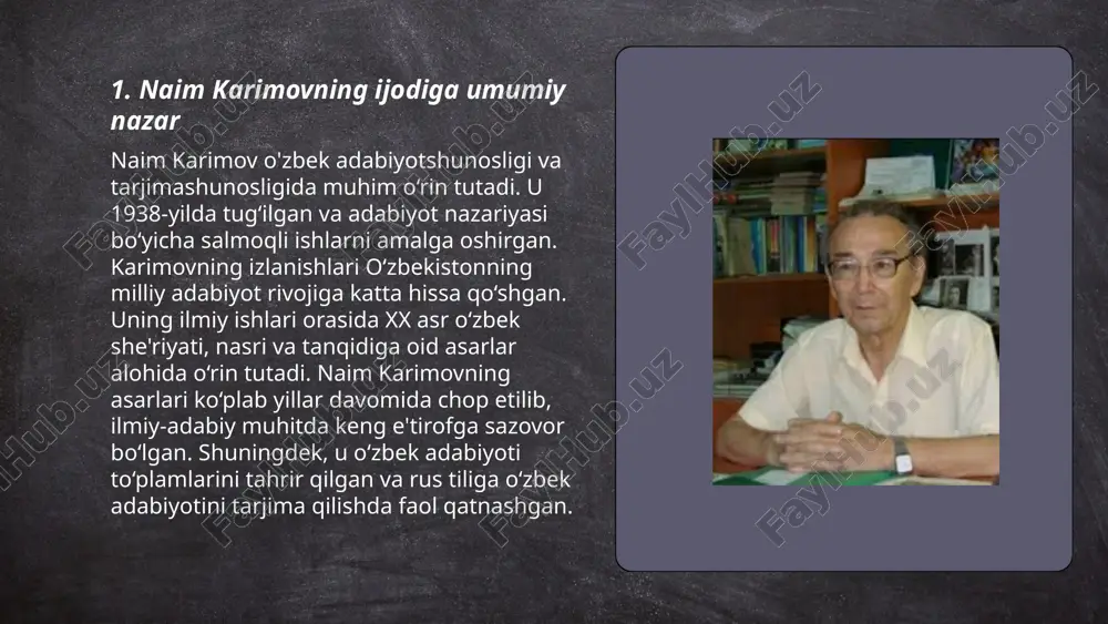 ragan. choʻlpon koʻplab sheʼrlar, hikoyalar va dramatik asarlar muallifi boʻlib, uning ijodi milliy uygʻonish davri bilan bogʻlangan. naim karimov choʻlponning ijodini tahlil qilishda va uning asarlarini qayta chop etishda muhim rol oʻynagan. ushbu meros oʻzbek madaniyati va adabiyotida alohida oʻrin egallaydi. ... t.me/slaydai_bot 7. choʻlponning milliy uygʻonish davridagi roli choʻlpon, oʻzbek adabiyotining milliy uygʻonish davridagi muhim namoyondasi bo‘lib, o‘zining she'riyati va dramaturgiyasi orqali xalqimizning milliy ongini uyg‘otishda ishtirok etgan. u 1893-yilda andijonda tug‘ilib, 1938-yilda qatag‘on qurboni bo‘lgan. choʻlponning asarlari milliy madaniyat, ozodlik va adabiy o‘zligini anglash masalalariga bag‘ishlangan. uning "kecha va kunduz" romani o‘z davrining ijtimoiy muammolarini yoritib bergan. choʻlpon, 20-asrning 20-30-yillarida, oʻzbek madaniyati va milliy adabiy tilining shakllanishida jiddiy hissa qo‘shgan adib sifatida e’tirof etiladi. ... t.me/slaydai_bot oʻzbek adabiyotida modernizm xx asrning boshlarida rivojlandi. bu davrda abdulla qodiriy, choʻlpon va fitrat kabi adiblar modernizm usullaridan foydalangan. modernizmning asosiy xususiyatlari orasida bosh qahramonlar orqali ichki dunyo tasvirini, murakkab syujet va …