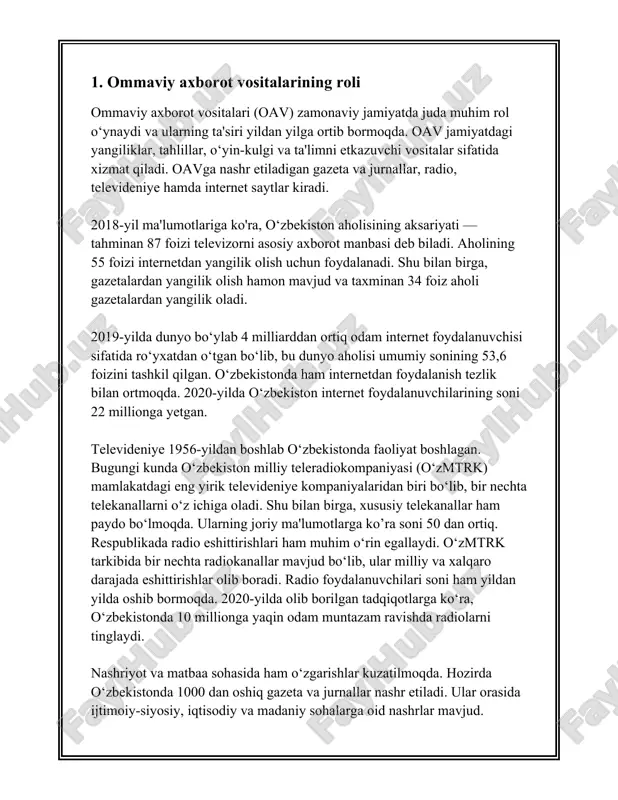 erkin va mustaqil faoliyat ko‘rsatishi uchun qulay sharoitlar yaratishga qaratilgan. 2. oav huquqiy me'yorlari "oav huquqiy me'yorlari" deb atalmish mavzu o'zbekiston respublikasida ommaviy axborot vositalarining (oav) faoliyatini tartibga soluvchi qonun va normativ hujjatlar yig'indisini anglatadi. ushbu huquqiy me'yorlar jurnalistlar va oavning erkin faoliyat yuritishini, axborot yetkazishdagi erkinlik va mas'uliyat muvozanatini ta'minlashga qaratilgan. o'zbekiston respublikasida oavga oid huquqiy me'yorlar asosan quyidagi asosiy qonunlarni o'z ichiga oladi: 1. **o'zbekiston respublikasi ommaviy axborot vositalari to'g'risida qonuni:** ushbu qonun oavning tashkil etilishi, faoliyati va faoliyatni tugatish jarayonlari haqida asosiy qoidalarni o'z ichiga oladi. 2021-yilda oav to'g'risidagi qonunning yangi tahriri qabul qilindi, bunda sohani axborot-kommunikatsiya rivojlanishlari bilan moslashtirishga qaratilgan o'zgartirishlar kiritildi. 2. **axborot erkinligi to'g'risidagi qonun:** bu qonun fuqarolar va tashkilotlarning axborot olish huquqini kafolatlaydi. axborot yetkazib beruvchi organlar va oav mana shu qonun asosida axborot yetkazib berishga majburdirlar. 3. **jurnalist faoliyatining huquqiy kafolatlari haqidagi qonun:** jurnalistlarning kasbiy faoliyatini himoya qilish, ularning huquqlarini kafolatlash va …