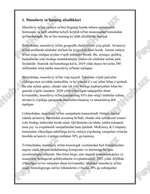 viy ta’lim texnologiyalari sohasida turli platformalar taqdim etiladi, ularning ko‘pchiligi o‘quv jarayonini tashkil etish, o‘quvchilar bilan interaktiv muloqot qilish va bilim baholash imkoniyatlarini kengaytirishga xizmat qiladi. quyida masofaviy ta'limda keng qo'llaniladigan ba'zi platformalar haqida ma'lumot keltiriladi. 1. **moodle**: moodle (modular object-oriented dynamic learning environment) platformasi ochiq kodli bo‘lib, uni ko‘plab oliy ta'lim muassasalari va maktablar foydalanadi. moodle juda moslashuvchan va turli xil plaginlar va modullar orqali kengaytirilishi mumkin. har kuni moodle orqali minglab kurslar olib boriladi. bugungi kunda moodle’ning foydalanuvchilari soni millionlardan oshadi. 2. **google classroom**: google classroom o‘quvchilarning ham o‘qituvchilar bilan, ham o‘zaro hamkorligini tashkil etadi. ushbu platforma google workspace ekotizimiga integratsiyalashgan bo‘lib, docs, sheets, slides kabi xizmatlar bilan birga ishlatiladi. 2020-yilga kelib, google classroom global miqyosda 100 milliondan ortiq foydalanuvchiga ega bo‘lgan. 3. **zoom**: masofaviy ta’limda video konferensiya uchun zoom keng qo‘llaniladi. o‘qituvchilar zoom orqali jonli darslar o‘tish, talabalarga qo‘shimcha savollarga javob berish imkoniyatiga ega. pandemiya davrida zoom …