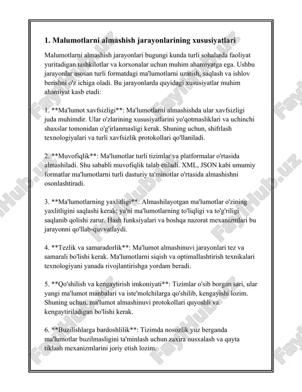 tlariga ko'ra, har kuni dunyo bo'ylab 2.5 kvintillion bayt ma'lumot yaratiladi. bu ko'rsatkich ildam o'smoqda. shu bois kompaniyalar o'z infratuzilmalarini mos ravishda modernizatsiya qilmoqdalar, ta'kidlanishicha, katta hajmdagi ma'lumotlar bilan ishlay olish qobiliyati bugungi raqobatli bozorda ko'plab kompaniyalarning muvaffaqiyatini belgilovchi asosiy omil bo'lib qoldi. umuman olganda, ma'lumotlarni almashish jarayonlarining xususiyatlari samaradorlik, xavfsizlik va qo'shimcha foydalanishga yo'naltirilgan bo'lishi lozim. bizga tanish bo'lgan texnologiyalar, protokollar va formatlar ushbu maqsadlarga xizmat qilmog'i darkor. hozirgi zamonaviy texnologiyalar ushbu jarayonlarni iloji boricha qulay va xavfsiz qilib yaratishda davom etayotgani kuzatilmoqda. 2. ma'lumotlar almashinuvi uchun apparat ta'minoti ma'lumotlar almashinuvi uchun apparat ta'minoti zamonaviy texnologik infratuzilmada juda muhim rol o'ynaydi. bu ta'minot jarayonlari, uskunalari va tizimlari orqali ma'lumotlarning samarali, tezkor va xavfsiz tarzda uzatilishini ta'minlaydi. quyida ushbu mavzu bo'yicha bir nechta muhim jihatlar keltiriladi: 1. **tarmoqli qurilmalar**: ma'lumotlar almashinuvi uchun asosiy apparat ta'minoti kommutatorlar (switchlar), yo‘riqchilar (routerlar), hatto shluzi (gateway)larni o'z ichiga oladi. kommutatorlar ma'lumotlarni lokal tarmoqda boshqaradilar …