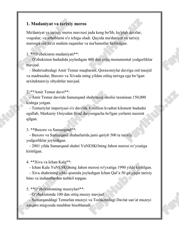 u turdagi merosni asrab-avaylash va uning o‘zidan keyingi avlodlarga yetkazilishida xalqalash ishlari rivojlantirishni maqsad qilib qo’yadi. nomoddiy madaniy meros esa, san’at, xalq og’zaki ijodi, urf-odatlar, marosimlar, an’anaviy bilimlar va madaniy ifodalar orqali namoyon bo’ladi. bu turdagi madaniy meros og’zaki hikoyalar, musiqiy asarlar, urf-odatlar, xalq hunarmandchiligi, an’anaviy oziq-ovqat tayyorlash usullarida namoyon bo’ladi va xalqning ma’naviy dunyosini, o‘ziga xosligini ifodalaydi. nomoddiy madaniy merosni saqlash uchun unesco 2003 yilda "insoniyatning nomoddiy madaniy merosni asrab-avaylash" to'g'risidagi konventsiyani qabul qilgan. son va statistika bilan ifodalash qiyin bo’lgan bo’lsa-da, moddiy madaniy merosning global miqyosdagi holatini misol bilan tushuntiradigan bo’lsak, 2021 yil holatiga ko’ra unesconing butunjahon meros ro’yxatida 1121 moddiy madaniy ob’ekti mavjud. bu ob’ektlar dunyoning 167 mamlakatida joylashgan. ular orasida me’moriy yodgorliklar, madaniy landshaftlar va arxeologik joylar mavjud. o’zbekistonda moddiy va nomoddiy madaniy merosning boyligi beqiyosdir. o’zbekiston hududida joylashgan ko’plab manzilgohlar va yodgorliklar bu yerdagi boy tarix va madaniyatning guvohi bo’lib xizmat qiladi. samarqand, buxoro, xiva …