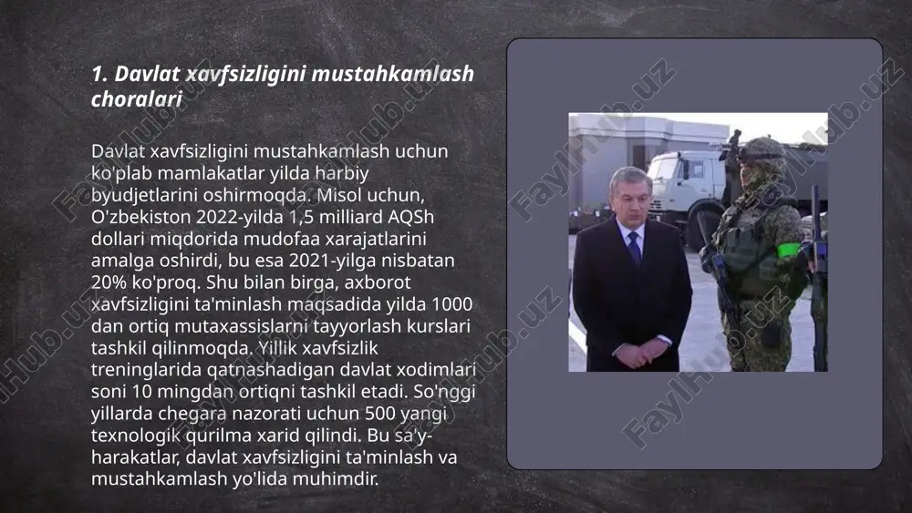 sh uchun 100 million aqsh dollari ajratdi. chegarada har yil 10 mingdan ortiq noqonuniy mahsulotlar ushlanadi. 2021-yilda chegara punktlarida 200 dan ortiq yangi skanerlash uskunalari o‘rnatildi. ushbu choralarning barchasi chegarani xavfsizligini ta'minlashga yordam beradi. ... t.me/slaydai_bot ichki xavfsizlik xizmatlarini modernizatsiya qilish jarayoni o‘zbekiston uchun muhim ahamiyatga ega. 2022-yilda davlat ichki xavfsizlik xizmatiga 150 million dollarlik mablag‘ ajratildi. ushbu mablag‘ texnologik yangilanishlar, masalan, sun’iy intellekt va video kuzatuv tizimlarini joriy etish uchun ishlatildi. 2023-yilning birinchi choragida 10 mingdan ortiq xodim malaka oshirish dasturlarida qatnashdi. uskunalar yangilanishi tufayli jinoyatchilik ko‘rsatkichi 15% kamaydi. aholining xavfsizlikka ishonchi 80% ga yetdi. hozirda 300 ta yangi xavfsizlik texnika vositasi joriy etilgan. modernizatsiya jarayoni 2025-yilgacha davom etishi rejalashtirilmoqda. ... t.me/slaydai_bot 7. xavfsizlik sohasida kadrlarni tayyorlash xavfsizlik sohasida kadrlarni tayyorlash o'zbekistonda dolzarb masala. 2022-yilda 25 mingdan ortiq xavfsizlik mutaxassislari tayyorlandi. oliy ta'lim muassasalarida xavfsizlik sohasi uchun maxsus fakultetlar faoliyat yuritadi. 2023-yilga kelib, 30 yangi ta'lim dasturi joriy etildi. …
