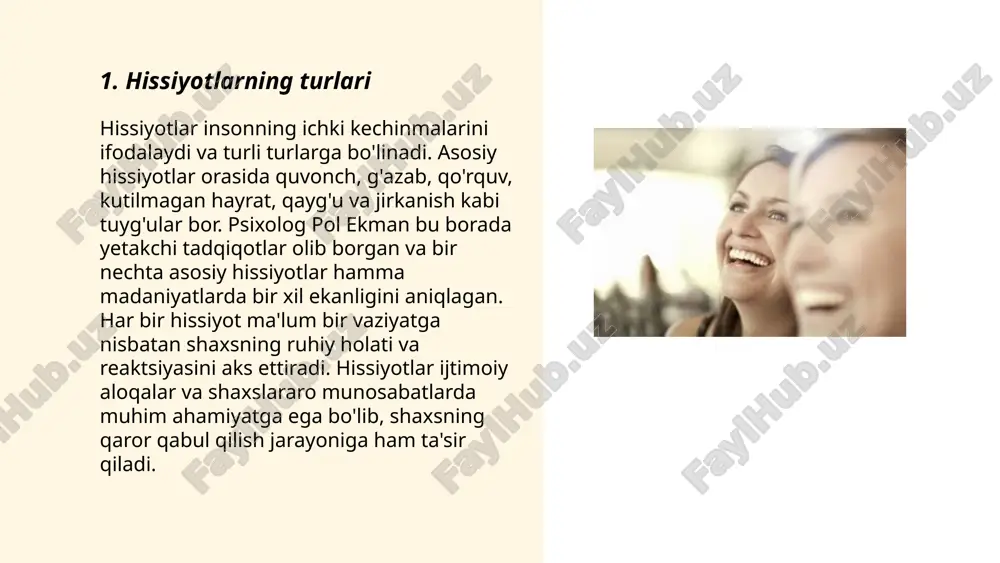 hissiyotlar miyaning amigdala va prefrontal korteks qismlarida shakllanadi. doimiy ravishda hissiy holatlarni boshdan kechirish inson hayotiga ta'sir ko‘rsatadi. murakkab tuyg‘ular, masalan, muhabbat, do‘stlik va qo‘rquv, ijtimoiy munosabatlarni mustahkamlash yoki ziddiyatlar yuzaga kelishiga olib kelishi mumkin. 2022-yilgi ma'lumotlarga ko‘ra, 70% odamlar o‘z hissiyotlarini boshqara olishni muhim deb hisoblaydi. shuningdek, turmush o‘rtoqlar va do‘stlar o‘rtasida mustahkam aloqa o‘rnatilishida ham hissiyotlar asosiy rol o‘ynaydi. ... t.me/slaydai_bot 7. hissiyotlar va ijtimoiy muloqot hissiyotlar va ijtimoiy muloqot insonlar o'rtasida muhim rol o'ynaydi. tadqiqotlar shuni ko'rsatadiki, hissiyotlar ijtimoiy muloqotning 93% ni tashkil etadi va faqat 7% so'zlar orqali ifodalanadi. kuvin va coles (2020) ta'kidlashicha, yuz ifodalari 55%, tovush ohangi 38% va so'zlar 7% hissiyotlarni yetkazishda ishtirok etadi. ijtimoiy muloqotda empatikaning roli kattadir; bu boshqa insonlar bilan tuyg'ularni bo‘lishishda muhimdir. shuningdek, hissiyotlarni tushunish ijtimoiy muloqotni yaxshilashga yordam beradi, chunki turli tuyg'ularni anglash va ularga munosabat bildirish ijtimoiy aloqalarni mustahkamlashda muhim ahamiyatga ega. ... t.me/slaydai_bot hissiyotlarning madaniy ta'siri …