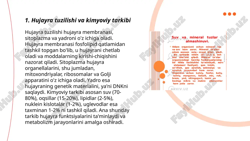 abi uglevodlar hujayra signalizatsiyasi va aloqa uchun xizmat qiladi. uglevodlar suv bilan birikib, polisaxaridlar hosil qiladi. ... t.me/slaydai_bot glikogen va nishasta o'simlik va hayvon hujayralarida asosiy energiya zaxirasi sifatida xizmat qiladi. glikogen odatda hayvonlarda, xususan, jigar va mushak hujayralarida saqlanadi. u tezgina glyukozaga aylanishi mumkin, bu esa organizmga zarur energiyani ta'minlaydi. nishasta esa o'simliklar uchun asosiy saqlovchi polisakkarid bo'lib, kartoshka, makkajo'xori kabi o'simliklarda ko'p uchraydi. kimyoviy jihatdan ikkisi ham polisakkaridlar – ya'ni ko'p miqdordagi monosakkaridlardan tashkil topgan murakkab uglevodlar hisoblanadi. glikogen va nishastaning energetik roli tufayli ular biologik jarayonlar va organizmlarning hayotiy faoliyati uchun muhimdir. ... t.me/slaydai_bot 7. lipidlarning energetik zahirasi lipidlar organizmda energiya zaxirasi sifatida asosiy rol o'ynaydi. ular yog' to'qimasi shaklida saqlanadi va energiya ehtiyoji bo'lganda oksidlanadi. 1 gramm lipid oksidlanganda taxminan 9 kkal energiya hosil bo'ladi, bu esa ularni karbongidrat va oqsillarga nisbatan yanada samarali energiya manbaiga aylantiradi (1 gramm karbongidrat yoki oqsil 4 kkal energiya beradi). …