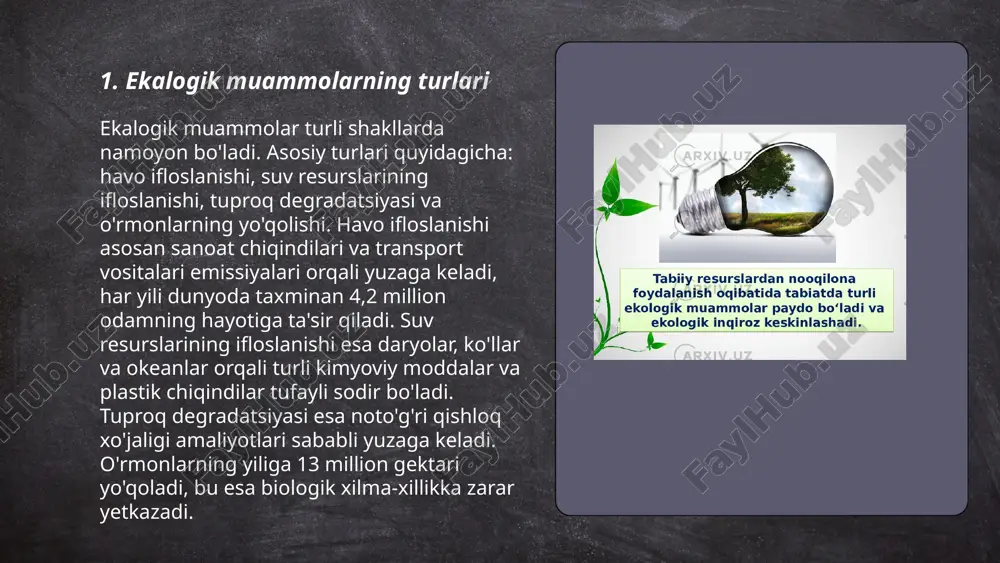 tizimida uzoq muddatli o'zgarishlarni nazarda tutadi. ma'lumotlarga ko'ra, 1880-yildan buyon global harorat 1,2 daraja santigradga oshgan. atmosferadagi karbonat angidrid (co2) darajasi hozirgacha 418 ppmga yetib, 19-asrdan beri 50% ko'paydi. har yili taxminan 36 gigatonna co2 chiqindisi ajratiladi. 2020-yilda dengiz sathlari 6 dan 8 sm gacha o'rtacha oshdi, bu esa sayyoramizda kuchli iqlim o'zgarishi ta'sirlarini keltirib chiqarmoqda. bunday o'zgarishlar qurg'oqchilik, suv toshqinlari va kuchli bo'ronlar sonining ortishiga olib kelmoqda. ... t.me/slaydai_bot 7. yerning degradatsiyasi yerning degradatsiyasi — bu tuproq unumdorligining pasayishi va tabiiy resurslarning yo'qolishi jarayoni bo'lib, asosan inson faoliyati tufayli yuzaga keladi. dunyo bo'ylab har yili taxminan 12 million gektar yer degradatsiyaga uchraydi. o'zbekistonning qariyb 48 foizi cho'llashuv va degradatsiya xavfi ostida. bu jarayon oziq-ovqat xavfsizligiga salbiy ta'sir ko'rsatadi va hududlarda yashovchi 1,5 milliarddan ortiq kishiga ta'sir qiladi. yer degradatsiyasi oqibatida har yili qariyb 1,3 milliard tonna don yo'qolishi mumkin. muammoni hal qilish uchun yaxshiroq tuproq boshqaruvi va barqaror qishloq …