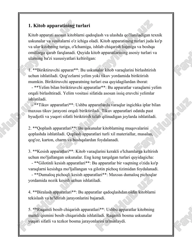 kengligi 50-70 sm, uzunligi 100-150 sm. - og'irlik: 300-800 kg. 4. **energiya iste'moli**: - elektr toki: 220-240 v. - quvvat sarfi: 1.5-3 kvt. 5. **materiallar**: - chelik va alyuminiy kabi materiallardan tayyorlangan. - qoplama matosi: pvx yoki boshqa sintetik materiallar. 6. **mahsulot samaradorligi**: - 90-95% ga yetadigan samaradorlik ko'rsatkichi. - xato foizi: 0.5-1%. 7. **moslashuvchanlik**: - har xil kitob o'lchamlari uchun sozlash imkoniyati. - kitob zichligini sozlash diapazoni: 5-30 mm. 8. **texnologik interfeys**: - sensorli ekran yoki tugmali boshqaruv paneli. - lan yoki wi-fi ulanish imkoniyati. 9. **ishlab chiqaruvchilar**: - yetakchi kompaniyalar tomonidan ishlab chiqariladi. - turli xil ishlab chiqarish davlatlari, masalan: xitoy, germaniya, aqsh. 10. **maxsus xususiyatlar**: - avtomatik to'ldirish mexanizmi. - to'ldirilgan kitoblar uchun avtomatik tekshirish tizimi. 11. **servis muddati**: - o'rtacha xizmat muddati: 5-10 yil. - muddati davomida texnik xizmat ko'rsatish ehtiyojlari. 12. **texnik ko'rsatmalar**: - haftalik va oylik texnik ko'riklar jadvali. - qurilma qismlari uchun ehtiyot …