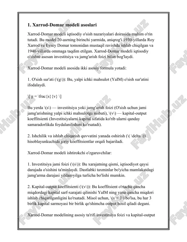 aniladi. 1. jamg'arish darajasi (s): jamg'arish darajasi iqtisodiy rivojlanishda muhim omildir, chunki u sarmoya darajasi bilan bevosita bog'liqdir. xarrod-domar modelida jamg'arish darajasi yuqori bo'lsa, iqtisodiy o'sish sur'ati ham yuqori bo'lishi kutiladi. jamg'arishning yuqori darajasi yangi sarmoyalarni moliyalashtirish imkonini beradi va ishlab chiqarishni rivojlantirishga xizmat qiladi. 2. kapital maqsad koeffitsienti (v, yoki icor - incremental capital output ratio): bu koeffitsient yangi kapitalning bir birlik qo'shimcha ishlab chiqarish yaratish uchun zarur bo'lgan miqdorini ifodalaydi. xarrod-domar modelida icor qancha kichik bo'lsa, iqtisodiy o'sish sur'ati shuncha samaraliroq bo'lishi mumkin. masalan, agar icor 3 ga teng bo'lsa, demak, har bir qo'shimcha ishlab chiqarish birlik uchun uch birlik kapital talab qilinadi. bu ko'rsatkich jamg'arma samaradorligini aks ettiradi. 3. iqtisodiy o'sish sur'ati (g): iqtisodiy o'sish sur'ati xarrod-domar modelida real milliy mahsulotning o'sish sur'atini anglatadi. ushbu o'sish sur'ati quyidagi formula orqali hisoblanadi: g = s / v, bu yerda g — iqtisodiy o'sish sur'ati, s — jamg'arish darajasi, …