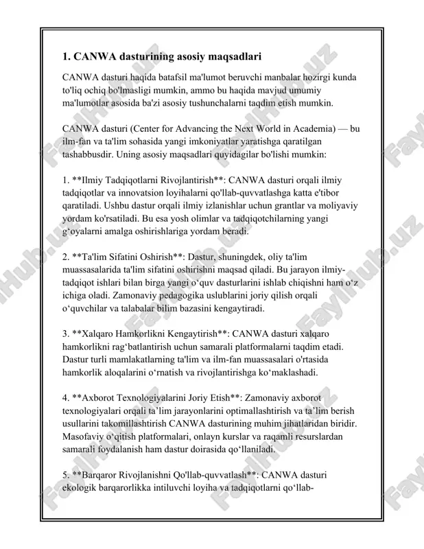 kelib chiqadigan xatolar kamayadi. 2. **ma'lumotlarni yig'ish va tahlil qilish**: dastur foydalanuvchilari ishlab chiqarish jarayonida to'plangan ma'lumotlarni yig'ish va tahlil qilish imkoniyatiga ega bo'ladilar. ushbu jarayon orqali ular samaradorlikni oshirish va xarajatlarni kamaytirish yo'llarini aniqlashlari mumkin. 3. **integratsiya imkoniyatlari**: canwa dasturi turli tashqi tizimlar va ilovalar bilan integratsiya qilish imkonini beradi, shu sababli foydalanuvchilar barcha ma'lumotlarni bir joyda to'plab, ularni yagona platformada boshqarishi mumkin. 4. **rejalashtirish va nazorat qilish**: dastur loyihani rejalashtirish va uning bajarilishini nazorat qilish jarayonlarini soddalashtiradi. bu esa o'z navbatida vaqt va resurslar tejalishi, loyihaning o'z vaqtida bajarilishiga yordam beradi. 5. **tezkor qaror qabul qilish**: dastur, yig'ilgan real vaqt ma'lumotlari asosida, tezkor qarorlar qabul qilish uchun foydalanuvchilarga yordam beradi. bu esa o'z navbatida faoliyatni yanada tez va samarali qilish imkonini yaratadi. 6. **ma'lumotlar xavfsizligi**: canwa dasturida ma'lumotlar xavfsizligi yuqori darajada ta'minlanadi. foydalanuvchilar ma'lumotlariga kirishni cheklash va himoya qilish mexanizmlarini qo'llaydilar. bu esa ma'lumotlarning nojo'ya qo'llardan himoyalanishini ta'minlaydi. …