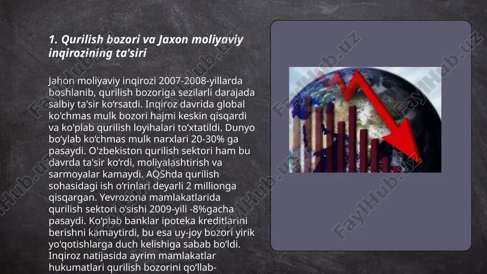 zaxira fondi hajmi 1 milliard aqsh dollariga yetkazildi. shu strategiyalar orqali milliy inqiroz risklari sezilarli darajada kamaytirilib, barqaror o'sish sur'atlarini ta'minlash ko'zda tutilgan. ... t.me/slaydai_bot qurilish firmalari uchun moliyaviy barqarorlikni saqlash juda muhimdir. xizmat va mahsulotlardagi talabni sifatli baholash, xarajatlarni nazorat qilish va samarali byudjet rejalashtirish asosiy vazifalardan biridir. moliyaviy barqarorlikni saqlash uchun 10-20% dan oshmagan qarz yukini saqlab turish tavsiya etiladi. shuningdek, firmalar o‘zlariga kerakli moliyaviy zaxiralarni yaratish uchun o‘rtacha daromadlarining kamida 5-10% qismini zaxira fondlariga yo‘naltirishlari kerak. 2022 yilda dunyo bo'ylab qurilish sanoati hajmi 11,5 trillion aqsh dollarini tashkil etdi va o‘sish tendensiyasi davom etmoqda. bu o‘sish sharoitida firmalar moliyaviy oqimlarni to‘g‘ri boshqarishni davom ettirishlari kerak. oqartma va himoya sug‘urtalari bilan xatarlardan qochish ham barqarorlikni ta’minlovchi muhim omillardandir. ... t.me/slaydai_bot kredit siyosati va qurilish sektori o‘zbekiston iqtisodiyotida muhim o‘rin tutadi. 2022 yil ma'lumotlariga ko‘ra, o‘zbekiston banklari tomonidan qurilish sektoriga ajratilgan kreditlar hajmi sezilarli darajada oshdi. iqtisodiy islohotlar va …