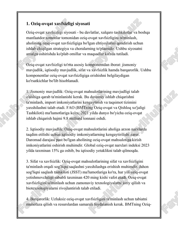 ovqat xavfsizligi yaxshilanadi va ko'proq insonlar yuzaga kelayotgan qiyinchiliklardan xalos bo'ladi. 2. dehqonchilik va hosildorlik masalalari dehqonchilik va hosildorlik masalalari dunyodagi ko'plab mamlakatlar uchun muhim iqtisodiy va ijtimoiy ahamiyatga ega. o'zbekistonda ham dehqonchilik uzoq tarixga ega bo'lib, mamlakat iqtisodiyotining asosiy tarmoqlaridan biri hisoblanadi. o'zbekistonda qishloq xo'jaligi yerlarining umumiy maydoni taxminan 45 million gektar, shundan sug'oriladigan yerlar 4,3 million gektarni tashkil etadi. sug'oriladigan yerlar asosiy qishloq xo'jaligi mahsulotlarini ishlab chiqarish uchun zarur bo'lib, g'alla, paxta, sabzavot va mevalarning asosiy qismini yetishtirishda foydalaniladi. 2020 yilda mamlakatda paxta hosili taxminan 3,0 million tonnani tashkil etgan. g'alla yetishtirish uchun ajratilgan maydonlar ham juda muhimdir, aksariyat hollarda bug'doy yetishtiriladi. o'zbekistonda har yili o'rtacha 6-7 million tonna bug'doy ishlab chiqariladi. 2020 yilda bug'doy hosildorligi gektariga o'rtacha 4,5 tonnani tashkil etgan. qishloq xo'jaligi mahsulotlari orasida sabzavotlar va mevalar ham muhim o'rin tutadi. 2020 yilda sabzavotlar hosili 13 million tonnadan oshgan. pomidor, bodring, kartoshka, karam va piyoz kabi …