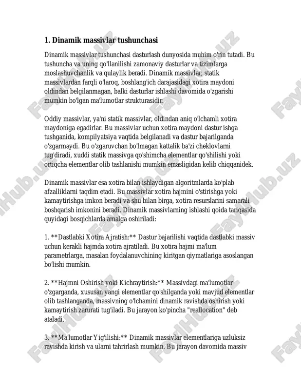 sh va ularga ishlov berish usullaridan biri bo'lib, ular dastur ishlash jarayonida hajmini o‘zgartirishi mumkin bo‘lgan tuzilmalardir. statik massivlardan farqli o‘laroq, dinamik massivlar dastur ishlash vaqtida kerakli hajmga o‘sishi yoki kamayishi mumkin. bu ularga ma'lumotlar jadvallari yoki kolleksiyalari bilan ishlashda katta qulaylik tug‘diradi. dinamik massivlarning asosiy afzalliklaridan biri – ular hajmini dastur ish vaqtida o‘zgartira olish qobiliyatidir. bu dinamik massivlar, asosan, umumiy xotira maydoni (heap) orqali boshqarilishi natijasida bo‘ladi. c++, java, python kabi ko'plab zamonaviy dasturlash tillari dinamik massivlar bilan ishlash imkoniyatlarini taqdim etadi. c++ tilida standart kutubxonada taqdim etilgan `std::vector` sinfi dinamik massivlar bilan ishlash uchun keng qo‘llaniladi. `std::vector` yordamida c++ dasturchilari kerakli hajmda dinamik massiv yaratishi va uni kengaytirishi mumkin. `std::vector` ning o‘ziga xos hususiyati shundaki, u ega bolgan resurslarni avtomatik ravishda boshqarishi, massivga qo'shimcha element kiritilganda avtomatik ravishda hajmini oshirishi mumkin. dinamik massivlar bilan bog‘liq raqamlardan biri ularning boshlang‘ich hajmi yoki sig‘imidir. masalan, boshlang‘ich hajm 10 elementdan …