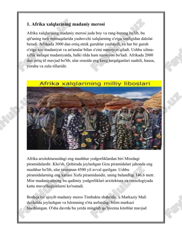 tlari mavzusida ma'lumotlar: afrika qit'asi dunyodagi eng til boy mintaqalardan biri sanaladi. afrikada taxminan 1500 dan 2000 gacha bo'lgan til mavjudligi qayd etilgan. ushbu tillarni bir necha asosiy tillar oilasiga ajratish mumkin, jumladan: afroosiyo tillari, niger-kongo tillari, nil-sahroi tillari va koysan tillari. [image: ] 1. **afroosiyo tillari:** afroosiyo tillar oilasi afrikaning shimoliy qismida va yaqin sharqda keng tarqalgan. bu til oilasiga arab tili, somal tili, berber tillari, hausa tili va amhar tili kiradi. arab tili afrika shimolidagi ko'plab davlatlarda, jumladan, misr, sudan, marokash, jazoir va tunisda rasmiy yoki nufuzli til sifatida qo'llaniladi. 2. **niger-kongo tillari:** bu eng katta til oilalaridan biri bo'lib, afrikaning janubiy, markaziy va g'arbiy qismlarida keng tarqalgan. bu oilaga yoruba, igbo, fulani va suaxili tillari kiradi. suaxili tili afrikaning sharqiy sohillarida, tanzaniya, keniya, uganda va mozambikda keng tarqalgan va mintaqaviy til sifatida servis qiladi. 3. **nil-sahroi tillari:** bu til oilasi nil daryosi bo'ylab va sahroi kabir cho'lining …