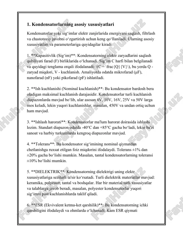 va farad (f) bilan o'lchanadi. sig'im kondensatorning ikki plastinka orasidagi elektr zaryadni saqlash qobiliyatini ko'rsatadi. bir farad quvvatdagi kondensatorning zaryadi 1 volt potentsial farq hosil qiladigan darajada saqlash mumkin bo'lgan diskret miqdoridir. kondensatorning energiya saqlash qobiliyati quyidagi formula bilan ifodalanadi: \[ e = \frac{1}{2} c v^2 \] bu yerda \(e\) - energiya (joule bilan o'lchanadi), \(c\) - kondensator sig'imi (farad bilan o'lchanadi) va \(v\) - kuchlanish (volt bilan). misol uchun, agar kondensatorning sig'imi 1 mikrofarad (\(1 \times 10^{-6}\) f) bo'lsa va u 5 volt kuchlanishga ega bo'lsa, saqlangan energiya quyidagiga teng bo'ladi: \[ e = \frac{1}{2} \times 1 \times 10^{-6} \times 5^2 = 12.5 \times 10^{-6} \text{ joule}\] kondensatorlar turli xil materiallar va texnologiyalar yordamida ishlab chiqariladi. elektrlar bilan ishlov berilgan metall plastinkalar orasidagi dielektrik material turlari mumkin, masalan: 1. **keramika kondensatorlar** - kichik hajmda yuqori sig'imga ega, yuqori chastotali elektronikalarda keng qo'llanadi. 2. **elektrolitik kondensatorlar** - katta quvvat talab …