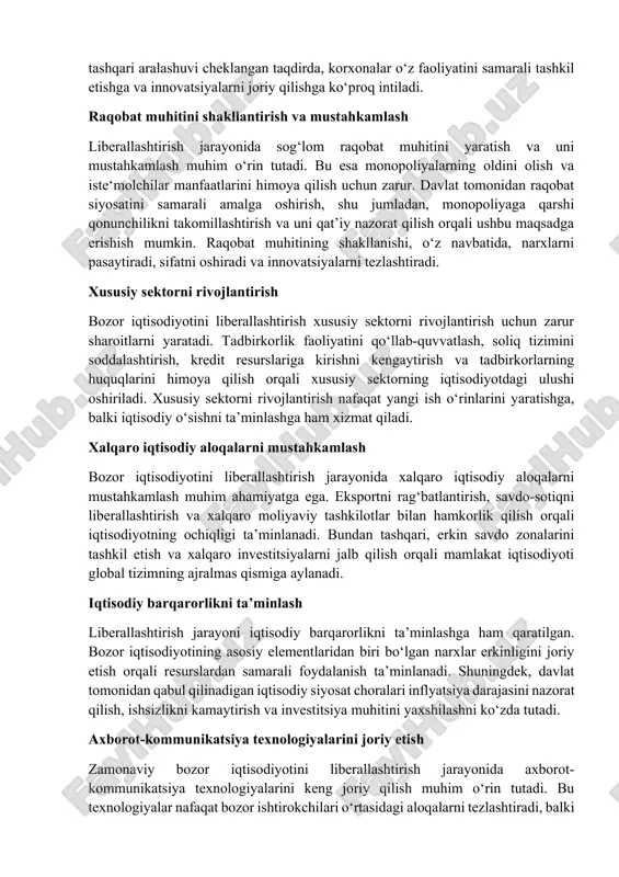 aratilgan. bozor iqtisodiyotining asosiy elementlaridan biri bo‘lgan narxlar erkinligini joriy etish orqali resurslardan samarali foydalanish ta’minlanadi. shuningdek, davlat tomonidan qabul qilinadigan iqtisodiy siyosat choralari inflyatsiya darajasini nazorat qilish, ishsizlikni kamaytirish va investitsiya muhitini yaxshilashni ko‘zda tutadi. axborot-kommunikatsiya texnologiyalarini joriy etish zamonaviy bozor iqtisodiyotini liberallashtirish jarayonida axborot-kommunikatsiya texnologiyalarini keng joriy qilish muhim o‘rin tutadi. bu texnologiyalar nafaqat bozor ishtirokchilari o‘rtasidagi aloqalarni tezlashtiradi, balki iqtisodiy samaradorlikni oshirishda ham muhim rol o‘ynaydi. elektron tijorat, onlayn moliyaviy xizmatlar va raqamli platformalarning rivojlanishi orqali iqtisodiyotda yangi imkoniyatlar ochiladi. moliyaviy erkinlikni oshirish bozor iqtisodiyotini liberallashtirish moliyaviy tizimni rivojlantirish va erkinlashtirish bilan ham chambarchas bog‘liq. bank tizimini modernizatsiya qilish, kredit va depozit bozorlarini erkinlashtirish va xalqaro moliyaviy tashkilotlar bilan integratsiyani kuchaytirish orqali moliyaviy sektorni mustahkamlashga erishiladi. bu jarayon tadbirkorlik va investitsiya faoliyatini rag‘batlantirishga, shuningdek, iqtisodiyotning boshqa tarmoqlarini rivojlantirishga zamin yaratadi. ijtimoiy-iqtisodiy barqarorlikni saqlash bozor iqtisodiyotini liberallashtirish jarayonida ijtimoiy-iqtisodiy barqarorlikni saqlash ham muhim vazifa hisoblanadi. aholining zaif qatlamlarini …