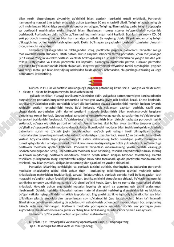 imlari yoki portlovchi shnur (beqaror jinslar uchun). yong'inni portlatish - bu detonator qopqog'i (cd) va yong'in shnuri (osf) yordamida uni yoqish vositalaridan foydalangan holda amalga oshiriladigan portlatish usuli. usul gaz va chang portlashlari uchun xavfli bo'lmagan shaxtalarda, oz miqdordagi zaryadlarni portlatishda va portlovchi moddaning xavfsiz joyga tez va to'sqinliksiz qochib ketish imkoniyatida qo'llaniladi. dastlabki impuls - bu bir yoki boshqa ateşleme moslamasining yonishidan tashqi olov. yong'in shnuri asfalt yoki plastmassa qobiqdagi kukun zaryadini o'z ichiga oladi va 1 sm / s tezlikda yonadi. yong'inni portlatish o'zining soddaligi, arzonligi va to'lovlarning etarli samaradorligi bilan ajralib turadi. uning kamchiligi shundaki, ish elektr portlatish yoki portlovchi shnur bilan portlatishdan ko'ra xavfliroqdir. elektr portlashi - usul elektr portlovchi tarmog'iga kiritilgan elektr detonatorlar (ed) yordamida amalga oshiriladi. elektr detonatorlar to'plami, ularni bir-biriga bog'laydigan simlar va oqim manbai elektroportlash tarmog'i deb ataladi. dastlabki impuls elektr tokidir. elektr portlatish aksessuarlariga portlatish mashinalari va asboblari, shuningdek asboblar kiradi. …