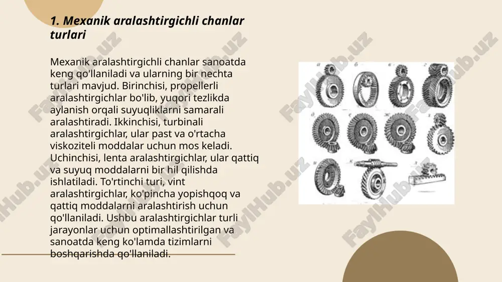 vigatellar aylanish tezligini boshqarish orqali materiallar bir xilda va tezda aralashtiriladi. tezlik diapazoni odatda 20 dan 1500 aylanish/daqiqagacha bo‘lishi mumkin. texnik xizmat ko‘rsatish, samaradorlik va uzoq muddatli ishlash uchun dvigatellarni to‘g‘ri tanlash muhimdir. ... t.me/slaydai_bot 7. aralashtirgichlarning ilovalari aralashtirgichlar, ya'ni mikserlar, oziq-ovqat, kimyo, farmatsevtika va qurilish sanoatlarida keng qo'llaniladi. oziq-ovqat sanoatida ularni xamir qorish, souslar va ichimliklar tayyorlash uchun ishlatishadi. kimyo sanoatida aralashtirgichlar suyuqliklarni bir tekisda aralashtirish va reaksiya massalarini homogenizatsiya qilish uchun qo'llaniladi. farmatsevtikada esa dorivor moddalarni qo'shish va dori shakllarini tayyorlash maqsadida foydalaniladi. qurilishda beton va gips aralashmalarini tayyorlashda muhim ahamiyatga ega. ushbu jihozlar samaradorligiga ko'ra turli xil hajmlarda va dizaynlarda bo'lishi mumkin. mikserlarning ortib borayotgan qo'llanilishi ishlab chiqarish jarayonlarini sezilarli darajada soddalashtiradi. ... t.me/slaydai_bot aralashtirgichni o‘rnatish usullari quyidagicha: birinchidan, joy tanlash muhim, chunki aralashtirgich stabil va tekis yuzaga o‘rnatilishi kerak. ikkinchidan, o‘rnatishdan oldin barcha qismlar va asboblarni tekshirish zarur. uchinchi qadamda, aralashtirgichning montaj qismlari, masalan, yuvinish moslamalari …