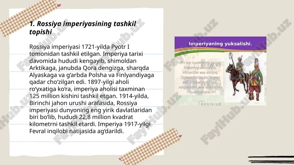 tini mamlakatga olib kirishga harakat qildi. shuningdek, soliq tizimi qayta ko'rib chiqildi va yangi tarzda joriy etildi. ilm-fan va sanoatni targ'ib qilish uchun akademiyalar va zavodlar tashkil qilindi. ... t.me/slaydai_bot rossiya hududiy kengayishi bir necha asrlar davomida sodir bo'lgan. xv asrda moskva knyazligi novgorod va boshqa rus zaminlarini birlashtirdi. xvi asrda ivan grozniy qozon va astraxanni qo'shib oldi. xviii asrda pyotr i boltiq dengiziga chiqish uchun hududlar qo'shdi. yekaterina ii davrida qora dengiz bo'ylariga intildi, qrimni qo'shdi. xix asrda sibir, kavkaz orti va markaziy osiyo bosib olindi. 1867 yilda alyaska aqshga sotildi. xx asrda sssr davrida hududlar sotsialistik respublikalarga bo'lingan bo'lsa-da, rossiya federatsiyasi asosiy davlat hisoblangan. 1991 yilda sssr parchalanishi natijasida rossiya bugungi chegaralariga ega bo'ldi. ... t.me/slaydai_bot 7. shimoliy urush va uning ta’siri shimoliy urush (1700-1721) rossiya imperiyasi va shvetsiya qirolligi o‘rtasidagi harbiy mojaro bo‘lib, boltiqbo‘yi ustidan nazorat uchun jang qilindi. rossiya pyotr i yetakchiligida shvetsiyani mag‘lub etib, boltiq …