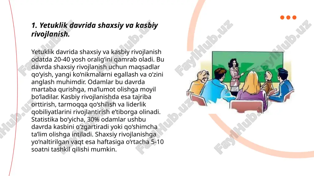 8 soat uyqu olish tavsiya etiladi. shu bilan birga, haftasiga 150 daqiqa o'rtacha jismoniy faollik yoki 75 daqiqa intensiv mashqlar bilan shug'ullanish lozim. har kuni 5 porsiya meva va sabzavot iste'mol qilish, shuningdek, kuniga 2 litrgacha suv ichish tavsiya etiladi. stressni kamaytirish uchun meditatsiya yoki yoga kabi texnikalar foydali bo'lishi mumkin. dunyo sog'liqni saqlash tashkiloti ma'lumotlariga ko'ra, depressiya bilan og'rigan insonlar soni taxminan 264 millionni tashkil etadi. ... t.me/slaydai_bot 7. yetuk yoshda ta'lim va o'qishni davom ettirish. 7 yoshda bolalar maktab ta'limiga boshlashadi. bu yoshda aksar o'quvchilar boshlang'ich maktabning birinchi sinfiga qabul qilinadi. ular o'qish, yozish va matematikani o'rganishni boshlaydilar. ta'lim dasturlari odatda o'yin orqali o'rganishni qo'llab-quvvatlaydi. shu yoshda bolalar o'z qiziqishlarini rivojlantirish uchun rang-barang mashg'ulotlarga jalb etiladi. o'quv rejalari kuniga taxminan 4-5 soat ta'limni o'z ichiga oladi, juma kuni esa qisqa yoki yarmiga teng bo'lishi mumkin. ta'lim turi davlat maktablariga qaraganda xususiy maktablarda farq qilishi mumkin, lekin asosiy maqsad …