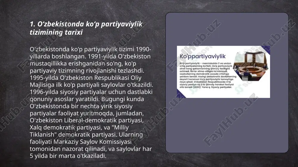 vlari 2019-yil dekabrda boʻlib oʻtdi, unda uzlidep eng koʻp oʻrinlarni egalladi. oʻzbekistonda saylovlarda har bir fuqaroga teng ovoz huquqi berilgan va saylovlarda ishtirok etish koeffitsiyenti oʻrtacha 70% ni tashkil qiladi. ... t.me/slaydai_bot oʻzbekistonda koʻp partiyaviylikning qonuniy asosi 1992-yilda qabul qilingan oʻzbekiston respublikasi konstitutsiyasiga asoslanadi. konstitutsiyaning 34-moddasi fuqarolarning siyosiy partiyalar tuzish huquqini kafolatlaydi. bundan tashqari, 1996-yilda "siyosiy partiyalar toʻgʻrisida" gi qonun qabul qilingan boʻlib, u partiyalarning roʻyxatdan oʻtishi, faoliyati va huquqlari boʻyicha koʻrsatmalar beradi. 2007-yilda esa "siyosiy partiyalarni moliyalashtirish toʻgʻrisida" gi qonun joriy etildi. bugungi kunda oʻzbekistonda beshta asosiy siyosiy partiya mavjud: oʻzbekiston liberal-demokratik partiyasi, oʻzbekiston xalq demokratik partiyasi, adolat sotsial-demokratik partiyasi, milliy tiklanish demokratik partiyasi va ekologik partiya. ... t.me/slaydai_bot 7. oʻzbekistonda koalitsion hukumatlar oʻzbekistonda koalitsion hukumatlar shakllantirilmagan, chunki mamlakat koalitsion boshqaruv tajribasiga ega emas. 1991-yildan buyon oʻzbekiston prezidenti rahbarligida bir partiyali hukumat shakllantirilgan. asosiy siyosiy partiyalar oʻzbekiston liberal-demokratik partiyasi (oʻzlidep), xalq demokratik partiyasi (xdp) va milliy tiklanish demokratik partiyasidir. …
