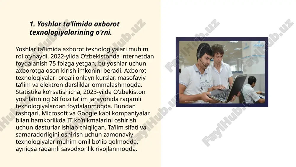 lan tanishtirib, ularning raqamli savodxonligini oshirishga yordam beradi. ... t.me/slaydai_bot masofaviy ta’limning afzalliklari orasida qulaylik, xarajatlarning kamayishi va vaqtni tejash kabi omillar bor. talabalar o‘zlariga qulay bo‘lgan joyda ta’lim olishlari mumkin. bu turdagi ta'lim iqtisodiy jihatdan ham foydali, chunki transport va turar joy xarajatlari kamayadi. biroq, kamchiliklari ham mavjud: masalan, texnologiyaga bog‘liq muammolar va yuzma-yuz aloqaning yetishmovchiligi. internet bog‘lanish sifati yetarli bo‘lmasa, ta’lim sifatiga ta’sir qilishi mumkin. tadqiqotlar shuni ko‘rsatmoqdaki, 35% talabalar masofaviy ta'lim davomida motivatsiya yo‘qotadi va 20% texnik muammolar tufayli darslarni o'tkazib yuboradi. shu bilan birga 50% ustozlar hamkorlik va ular o‘rtasidagi o‘zaro aloqaning kamayganini sezishadi. ... t.me/slaydai_bot 7. ta’limda virtual va qo‘shimcha reallik texnologiyalarining qo‘llanilishi. virtual va qo‘shimcha reallik texnologiyalari ta'limda ko‘plab imkoniyatlar yaratmoqda. global ta'lim bozorida bu texnologiyalar 2026-yilga kelib 12,6 milliard aqsh dollariga yetishi kutilmoqda. ta'lim jarayonida virtual reallik 3d vizualizatsiyalar va interaktiv tajribalarni taqdim etadi, bu o‘quvchilarning o‘zlashtirish darajasini 30 foizgacha oshiradi. qo‘shimcha reallik …