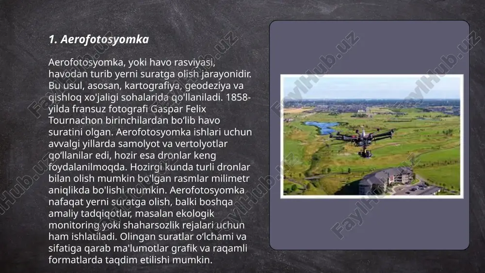 shloq xo'jaligida ndvi (normalized difference vegetation index) orqali o'simlik holatini kuzatish mumkin. multi-spektoral kameralar odatda 4-12 ta spektral kanalni qamrab oladi, shu jumladan ko'rinadigan (rgb), infraqizil va qizilqizil diapazonlar. dronlar yoki sun'iy yo'ldoshlar yordamida yig'ilgan multi-spektoral ma'lumotlar hosildorlikni oshirish va resurslarni samarali boshqarishga yordam beradi. odatda, piksellar o'lchami va spektral aniqlik ma'lumotlarning aniq tahlili uchun muhimdir. misol uchun, sentinal-2 sun'iy yo'ldoshi 10-20 metr oralig'ida tasvirlarni turli spektral tasmalarda taqdim etadi. ... t.me/slaydai_bot uav (uchuvchisiz uchish qurilmasi) yoki dronlar orqali suratga olish sohasida katta yutuqlar kuzatilmoqda. dronlar uzoq masofalardan yuqori sifatli tasvirlarni olinishi uchun mo'ljallangan. 2022-yilgi ma'lumotlarga ko'ra, jahon bo'ylab dronlar bilan suratga olish bozorining umumiy qiymati 2023-yilda 43,1 milliard aqsh dollarini tashkil etishi kutilmoqda. turli o'lchamdagi dronlar, jumladan, mikro, kichik va o'rta darajadagi, 1000 metrgacha balandlikda parvoz qila oladi. ular asosan 20-30 daqiqagacha havoda turishi mumkin. internet orqali boshqariladigan dronlar minish tezligi 40-90 km/soatni tashkil etadi. dron ishlab chiqarishda yetakchi …
