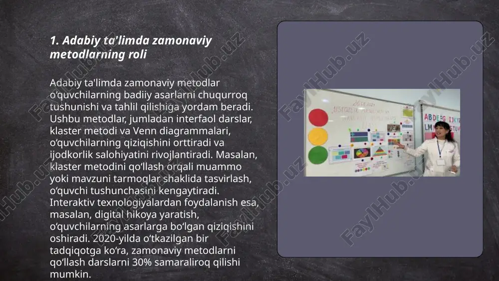 l usullari eng keng tarqalgan hisoblanadi. har bir metodika o'ziga xos qoidalar va qadamlar bilan ishlaydi. masalan, strukturalistik tahlilda asarning ichki tuzilishi va o'zaro bog'liqliklar o'rganiladi, semiotik tahlil esa belgilar va ularning ma'nolariga e'tibor qaratadi. bu usullar adabiyotshunoslarga asarlarning ko'p qatlamli ma'nolarini ochishda yordam beradi. ... t.me/slaydai_bot 6. adabiy asarlarni tanlash va ulardan o‘quv jarayonida foydalanish muhim ahamiyatga ega. asarlar o‘quvchilarning yoshiga, qiziqishlariga va bilim darajasiga mos kelishi kerak. tanlangan adabiyotlar milliy va jahon adabiyotining sara namunalaridan iborat bo‘lishi lozim. o‘quv jarayonida adabiy asarlar orqali til boyligi, mantiqiy fikrlash qobiliyati va ijodiy ko‘nikmalar rivojlantiriladi. shuningdek, adabiyot darslarida tanqidiy tafakkur shakllanadi va ruhiy-ta’limiy tarbiya beriladi. o‘quv dasturlarida asarlarni rejalashtirishda ularning mavzu, g‘oya va janr turi hisobga olinadi. o‘qituvchilar asardan kelib chiqib, muhokamalar, tadqiqot va tahlil topshiriqlarini tashkil etishlari mumkin. ... t.me/slaydai_bot 7. o'quvchilarning ijodiy fikrlash qobiliyatini rivojlantirish 7. o'quvchilarning ijodiy fikrlash qobiliyatini rivojlantirish uchun turli metodlar qo'llaniladi. 10-12 yoshdagi bolalarda ijodiy …