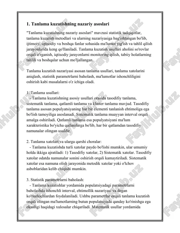fikrga kelishga imkon beradi. mazkur tushunchalarning mazmunini kengroq tushunish uchun ularning asosiy aspektlariga e'tibor qaratamiz. kuzatish usullari kuzatish usullari ma'lumotlarni yig'ishda qo'llaniladi va turli xil turlariga ega: 1. bevosita kuzatish: bu usulda tadqiqotchilar turli holatlarni, odamlarning xatti-harakatlarini bevosita kuzatib, qayd etadilar. masalan, savdo markazida xaridorlar xatti-harakatini kuzatish. 2. masofaviy kuzatish: bu usulda tadqiqotchilar bevosita holat joyida bo'lmay, yanada texnologik vositalar yordamida ma'lumotlar to'playdilar. masalan, videokuzatuv kameralaridan foydalanish yoki internet orqali foydalanuvchilar ma'lumotlarini yig'ish. 3. ko'rsatkichlar asosida kuzatish: statistik ko'rsatkichlar va indekslar yordamida turli iqtisodiy yoki ijtimoiy jarayonlar kuzatiladi. masalan, inflyatsiya darajasini kuzatish uchun narx indekslaridan foydalanish. 4. eksperimental kuzatish: tadqiqotchilar maxsus eksperimentlar o'tkazib, ular yordamida ma'lum bir nazariyani tekshiradilar yoki yangi bilimlar oladilar. masalan, psixologik eksperimentlar o'tkazish orqali odamlarning stress vaziyatlaridagi xatti-harakatini o'rganish. tanlamalar tanlamalar esa tadqiqotlar uchun nimani va qanday qilib kuzatish kerakligini belgilab beradi: 1. tasodifiy tanlama: bu usulda tadqiqot uchun tanlanadigan vaziyatlar yoki sub'ektlar tasodifiy tanlanadi, bu …