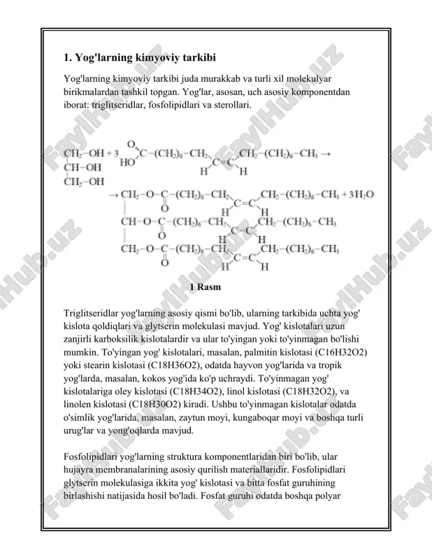 qimmatli fraktsiyalarini ajratish va zararli yoki istalmagan komponentlardan tozalash uchun qo'llaniladi. [image: ] 2 rasm ### yog'larni ajratish usullari 1. **presslash**: bu usul ko'pincha o'simlik yog'larini olishda qo'llaniladi. urug'lar yoki mevalar maxsus presslar yordamida siqiladi va shu orqali yog' ajratiladi. mexanik presslar yog'ni ajratishning eng qadimgi usullaridan biri bo'lib, u asosan kichik hajmli ishlab chiqarish uchun mos keladi. 2. **ekspllyeratsiya (solvent extraction)**: ushbu jarayon kimyoviy moddalar yordamida yog' ajratishni anglatadi. masalan, heksan kabi organik erituvchilar yordamida yog'lar o'simlik materiallaridan ajratib olinadi. bu usul katta hajmdagi o'simlik xom ashyosidan yog' olishda yuqori samarali hisoblanadi. 3. **santifugal usul**: bu tarzda ajratish yog'ni suyuqlikdan ajratish uchun ishlatiladi. maxsus sentrifugalar yordamida yog' va suv o'rtasidagi zichlik farqidan foydalanib, yog' ajratiladi. ushbu usul ko'pincha sut mahsulotlaridan yog' ajratishda qo'llaniladi. 4. **filtrlash va qadoqlash**: yog'larni filtrdan o'tkazish orqali qattiq qismlarni ajratish mumkin. bu usul odatda qalinroq aralashmalarni, masalan, palma yog'ini ajratishda ishlatiladi. ### yog'larni tozalash usullari …