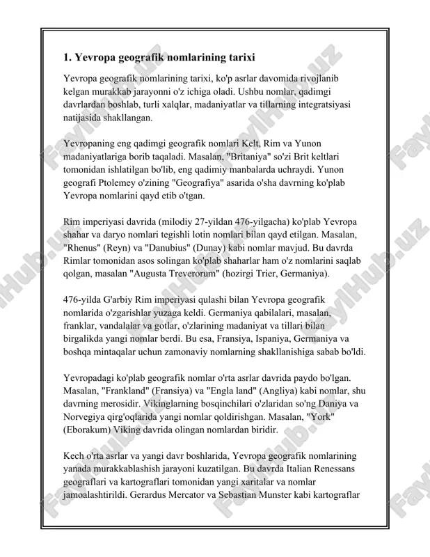 rini tarixiy, geografik va madaniy omillarga ko‘ra olgan. turli tillar aralashuvi va uzoq tarixiy jarayonlar ushbu nomlarni paydo bo‘lishida asosiy rol o‘ynagan. quyidagi ma’lumotlar turli yevropa shaharlarining etimologiyasiga qaraydi va 500 so‘zdan iborat. 1. **london**: london nomi qadimgi rimliklar davrida "londinium" sifatida ma'lum edi. "londinium" nomining kelib chiqishi haqida bir nechta nazariyalar mavjud. eng keng tarqalgan nazariyaga ko‘ra, bu nom "ishtiyoq" yoki "daryo" ma’nosini anglatuvchi kelt tilidan kelib chiqqan deb hisoblanadi. 2. **parij**: parij shahrining nomi qadimgi kelt qabilasi - pariziylardan olingan. rimliklar kelgach, shahar "lutetia" deb nomlangan edi, keyinchalik u "parisius"ga o‘zgartirildi. 3. **berlin**: berlin nomi ilk bor 13-asrda tilga olingan. "berlin" qisqa "ber" so‘zidan kelib chiqqan bo‘lib, slavyan tilida "mo‘ri" yoki "qumloq joy" ma’nosiga ega. 4. **madrid**: madridning kelib chiqishi "magerit" so‘zidan kelib chiqqan, bu esa arabcha "mad-jerit", ya'ni "suv o‘zanidagi joy" deganidir. bu ispan tiliga moslashib "madrid" bo‘lib o‘zgargan. 5. **roma**: roma nomi haqidagi ko‘pgina afsona va …