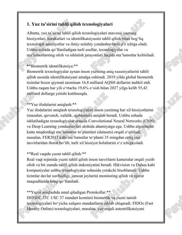 ya tushunchasi biometrik autentifikatsiya - bu foydalanuvchi yoki shaxsni tanib olish va tasdiqlash jarayonida biometrik identifikatorlarni (masalan, barmoq izi, yuz shakli, ko'z ichi belgisi, ovoz, va boshqalar) ishlatish texnologiyasidir. bu texnologiya xavfsizlikni oshirish va autentifikatsiya jarayonini soddalashtirish maqsadida keng qo'llaniladi. biometrik autentifikatsiya tushunchasi turli hil texnik ko‘rsatkichlar va jarayonlar orqali amalga oshiriladi. eng ko‘p qo‘llaniladigan biometrik texnologiyalar barmoq izi, yuzni tanib olish, va ovozli autentifikatsiyadir. har bir usulning o'zining qator afzalliklari va cheklovlari mavjud. barmoq izi orqali autentifikatsiya qilish tizimi eng ommabop usullardan biri hisoblanadi. ushbu texnologiya, ilk bor fransiyada 19-asr oxirida kriminal maqsadlar uchun qo‘llanila boshlagan. keyinchalik, bu texnologiya turli sohalarda, jumladan bank va telekommunikatsiya sohalarida xavfsizlikni ta’minlash uchun taqdim etildi. barmoq izlari kuzga ko‘rinmas, lekin unikal bo‘lgan maxsus naqsh va nuqtalardan iborat. ushbu naqshlarni kompyuter dasturlar orqali skanerlash va tanib olish mumkin. yuzni tanib olish texnologiyasi ham dolzarb biometrik autentifikatsiya usulidir. ushbu texnologiya inson yuz tuzilmasini aniqlash uchun …