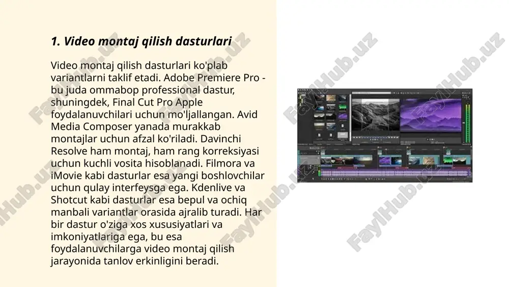 ts yoki davinci resolve, yuqori sifatli raqamli effektlar yaratish imkonini beradi. masalan, chroma keying texnologiyasi fonni olish uchun qo'llaniladi. motion tracking orqali esa ob'ektlarni videoda kuzatish va ularga effektlar qo'llash mumkin. ba'zi murakkab vizual effektlar uchun gpu (grafik protsessor) kuchidan foydalaniladi, bu rendering jarayonini tezlashtiradi. bugungi kunda ko'plab professional videolar, filmlar va reklamalarda ushbu turdagi effektlar keng qo'llanilmoqda. ... t.me/slaydai_bot 7. raqamli videomontaj 7. raqamli videomontaj bugungi kunda keng tarqalgan texnologiya bo'lib, u turli ko'rinishdagi audiovizual materiallarni yaratish, tahrirlash va optimallashtirish imkoniyatini beradi. videomontaj dasturlari, masalan, adobe premiere pro, final cut pro va davinci resolve, yuqori sifatli video loyihalarni amalga oshirishga yordam beradi. 2023 yilda, videomontajchilar orasida mashhur bo‘lgan davriy tendensiyalardan biri 4k va 8k sifatidagi videolarni ishlatishdir. raqamli kontent yaratishda ko'pincha mashinalarni o'rganish va sun'iy intellekt texnologiyalaridan foydalanish yanada rivojlanib bormoqda, bu esa murakkab tahrir vazifalarini avomatlashtirish imkonini beradi. ... t.me/slaydai_bot video formatlarini konvertatsiya qilish – bu bir formatdagi …