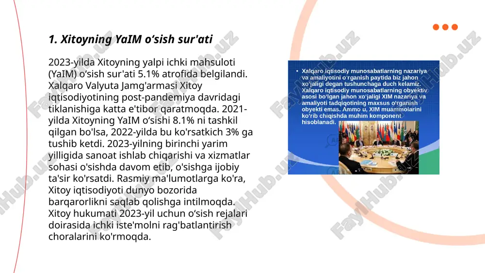 u qarzning katta qismi mahalliy hokimiyatlar va davlat korxonalariga to‘g‘ri keladi. xitoy hukumati ichki iqtisodiy o‘sishni rag‘batlantirish uchun qarzning oshishini qo‘llab-quvvatlamoqda. biroq, qarzning yuqori darajasi moliyaviy barqarorlik uchun xavf tug‘diradi va xalqaro tartibga soluvchilar tomonidan diqqat bilan kuzatilmoqda. xitoyning davlat qarzi bo‘yicha e'tiborni jalb qilishi, qisman, yetakchi loyihalarning moliyalashtirilishi va infratuzilmaviy rivojlanish bilan bog‘liq. ... t.me/slaydai_bot 7. xitoyning inflyatsiya darajasi 2023-yil holatiga ko‘ra, xitoyda inflyatsiya darajasi nisbatan past darajada bo‘lib, 2% atrofida saqlanmoqda. xitoy hukumati inflyatsiyani nazorat qilish va iqtisodiy barqarorlikni ta’minlash maqsadida bir qator moliyaviy va pul-kredit siyosatlarni joriy qilmoqda. 2023-yilning iyul oyida iste’mol narxlari indeksi (cpi) yillik ko‘rsatkichda o‘sish sur’ati 0,6% ga yetdi, bu esa so‘nggi oylarda iqtisodiy faollikning sekinlashishi fonida kuzatilmoqda. xitoy markaziy banki inflyatsiya darajasini past darajada ushlashni maqsad qilgan bo‘lib, 2023-yil uchun yillik maqsad 3% atrofida belgilangan. ... t.me/slaydai_bot xitoy dunyodagi eng yirik qishloq xo‘jaligi mahsulotlari ishlab chiqaruvchisi hisoblanadi. 2022-yilda xitoyning taraqqiyot va islohotlar bo'yicha …