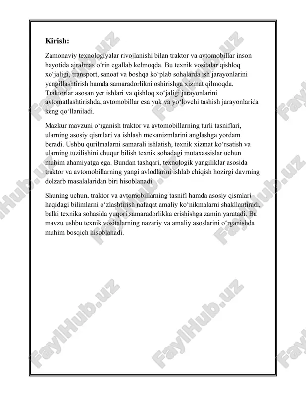 dizel yoki benzin dvigatellari bo‘lib, traktorlarning asosiy qismi ana shunday dvigatellar bilan jihozlangan. - **elektr dvigatelli traktorlar**: kelajakdagi ekologik trend asosida ishlab chiqarilayotgan yangi avlod traktorlar. 6. **ish rejimiga ko‘ra tasnifi**: - **doimiy rejimda ishlaydigan traktorlar**: yerlarni o‘g‘ish va haydash uchun moslashtirilgan. - **epizodik rejimda ishlaydigan traktorlar**: asosan qurilishda qisman ishlatiladi. o‘zbekistonda va boshqa mamlakatlarda ishlab chiqarilayotgan traktorlarning turlarini ko‘rib chiqishda ularning yuqorida ta'kidlangan turli xususiyatlarga asoslanganligi muhimdir. shu tariqa traktorlarning tasnifi ularni optimal ravishda foydalanish va xarid uchun moslashtirilgan uskunalar orasidan keraklisini tanlashda muhim ahamiyatga ega. traktorlarning soni, turlarining xilma-xilligi, ular taklif etadigan funksiyalar va amalga oshiriladigan loyiha turiga qarab ularni tanlashda zarur xulosalar chiqariladi. 2. avtomobillarning tasnifi albatta, avtomobillarning tasnifi mavzusida sizga kerakli ma'lumotlarni taqdim etaman. avtomobillar turli kategoriyalarga bo‘linadi, ular asosan maqsad, quvvat manbai, hajm, o‘lcham, va boshqa texnik xususiyatlariga ko‘ra tasniflanadi. 1. **maqsadiga ko‘ra tasniflash:** avtomobillar maqsadlariga ko‘ra quyidagi toifalarga bo‘linadi: - **yengil avtomobillar**: kundalik foydalanish …