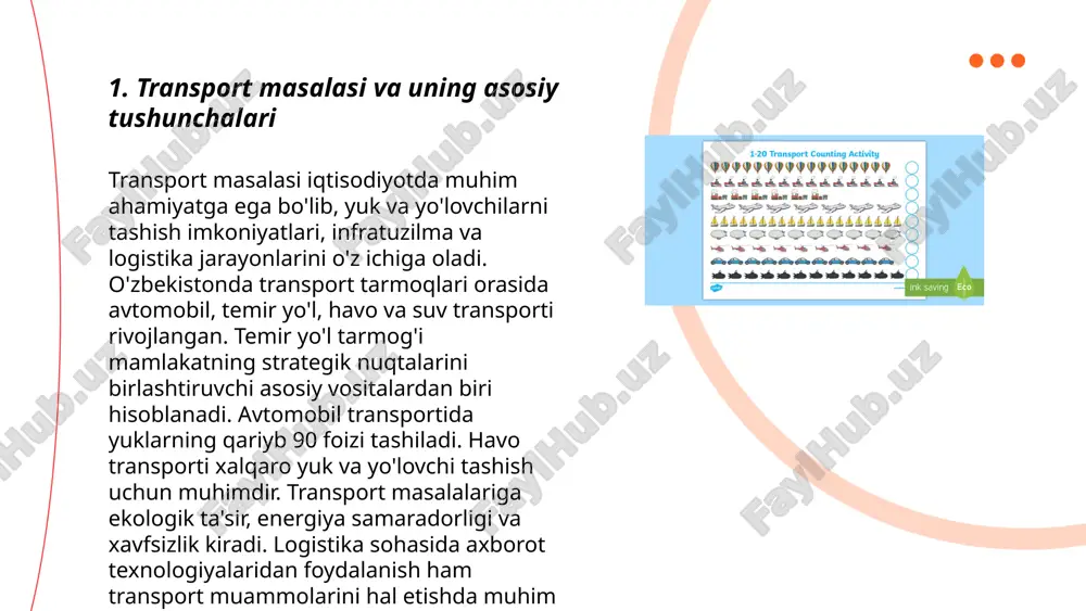 shga yordam beradi. ... t.me/slaydai_bot transport masalasida xarajatlarni kamaytirish uchun bir qancha samarali usullar mavjud. birinchidan, yoqilg'i samaradorligini oshirish uchun unumli transport vositalaridan foydalanish muhim. masalan, elektr yoki hibrid avtomobillar yoqilg'i sarfini 30-40% ga kamaytirishi mumkin. ikkinchidan, logistikani optimallashtirish orqali yoqilg'i iste'molini qisqartirish mumkin; masalan, yuk tashishda optimallashtirilgan marshrutlarni qo'llash transport xarajatlarini 10-15% ga kamaytiradi. uchinchidan, texnologiyalar, masalan, telematik tizimlar yordamida real vaqt rejimida kuzatish orqali yuk mashinalari samaradorligini 5-10% ga oshirish mumkin. to'rtinchidan, yirik hajmdagi yuklarni temir yo'l yoki dengiz transporti orqali tashish xarajatlarni sezilarli darajada qisqartirishi mumkin. ... t.me/slaydai_bot 7. transport masalasi uchun algoritmlar transport masalasi iqtisodiyotda muhim ahamiyatga ega bo'lib, uning algoritmlari logistika tarmoqlarida optimal yuk tashishni ta'minlaydi. transport masalasi chaqirgan xarajatlarni minimallashtirishga qaratilgan. eng mashhur algoritmlar orasida vogelning taxminlash metodi va shimol-g'arb burchagi qoidasi kabi usullar mavjud. ular transport tarmog'ida resurslarni samarali taqsimlashni osonlashtiradi. masalan, shimol-g'arb burchagi usuli boshlang'ich xarajat yechimini topish uchun foydalansa, vogelning metodi …