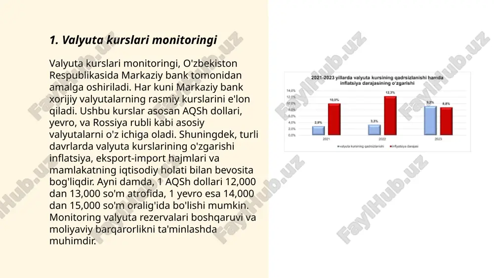 ari hajmi 6 trillion aqsh dollarini tashkil etdi. ... t.me/slaydai_bot konversiya operatsiyalari mamlakatlarda valyuta bozorida o’zgaruvchan valyutalarni almashish jarayonini ta’minlaydi. bu operatsiyalar milliy banklar tomonidan nazorat qilinib, davlatlararo savdo munosabatlarini qo’llab-quvvatlaydi. o’zbekistonda 2017-yildan boshlab valyuta konvertatsiyasi liberallashtirilgan, bu esa xorijiy valyutaning bank va bozor kurslari orqali erkin sotib olinishi yoki sotilishi imkonini berdi. hozirgi kunda o’zbekistonda konversiya operatsiyalari milliy bank tomonidan tartibga solinib, jismoniy va yuridik shaxslar o’rtasida konversiya kvotalari bekor qilingan. ushbu o’zgarishlar eksport va import hajmini oshirishga yordam berdi. ... t.me/slaydai_bot 7. valyuta rezervlarini boshqarish valyuta rezervlarini boshqarish mamlakatning iqtisodiy barqarorligini ta'minlash uchun muhimdir. 2023-yilda o'zbekiston markaziy banki valyuta rezervlarini taxminan 36 milliard aqsh dollari miqdorida saqlab turdi. rezervlar asosan oltin va chet el valyutalarda bo'lib, importni moliyalashtirish, milliy valyuta almashuv kursini barqarorlashtirish va kutilmagan iqtisodiy zarbalarga qarshi himoya qilish maqsadida ishlatiladi. rezervlar darajasi mamlakatning to'lov balansini qo'llab-quvvatlash va xalqaro kredit reytinglarini yaxshilash uchun strategik ahamiyatga ega. o'zbekiston …