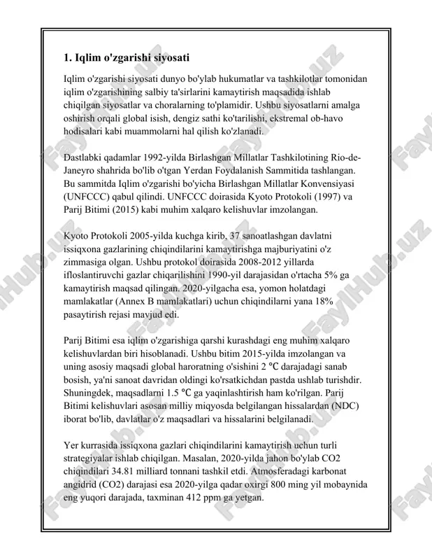 n edi. shunday qilib, iqlim o'zgarishi siyosati global miqyosdagi muammolarni hal qilish uchun davlatlar va xalqaro tashkilotlarning hamkorlikda amalga oshiradigan keng ko'lamli strategiya va chora-tadbirlar yig'indisidir. bu siyosatning muvaffaqiyati esa davlatlararo ixtiloflar va mahalliy qiyinchiliklarni yengib, ixlosmandlik va amaliy choralar ko'rishga tayyorgarlikdan kelib chiqadi. 2. atrof-muhitni muhofaza qilish strategiyalari albatta, mana siz so'ragan mavzu bo'yicha ma'lumotlar. ### 2. atrof-muhitni muhofaza qilish strategiyalari atrof-muhitni muhofaza qilish strategiyalari odatda tabiat va inson jamiyatining barqarorligini saqlash maqsadida ishlab chiqiladi. ushbu strategiyalar turli yo'nalishlarni qamrab olishi mumkin, masalan, havo sifatini yaxshilash, suv resurslarini boshqarish, biologik xilma-xillikni saqlash va chiqindilarni kamaytirish. quyida ushbu yo'nalishlar bo'yicha ba'zi strategiyalar va ularning ma'lumotlari keltirilgan. #### 1. havo sifatini yaxshilash strategiyalari - **havo sifatini monitoring qilish tizimlari:** ko'pgina davlatlarda havo ifloslanishini kuzatish va nazorat qilish uchun maxsus stansiyalar tashkil qilingan. masalan, aqshda aqsh atrof-muhitni muhofaza qilish agentligi (epa) tomonidan 4000 dan ortiq monitoring stansiyalari mavjud bo'lib, ular havo ifloslanish …