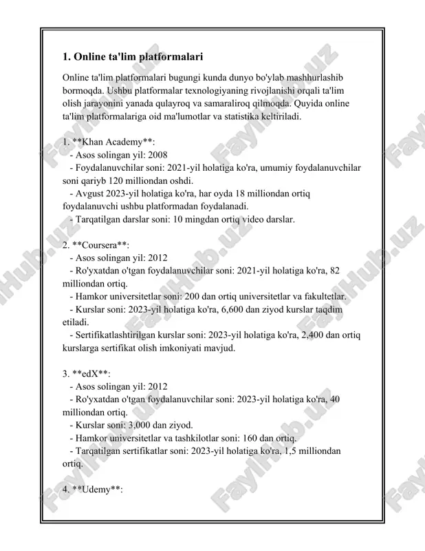 giyalarni qo‘llab-quvvatlagan. 3. **foydalanuvchi tajribasi**: - interaktiv materiallardan foydalanayotgan o‘quvchilar, an’anaviy materiallarga qaraganda 50% ko‘proq bilimlarni o‘zlashtirishi ta’kidlanadi. - 75% o‘qituvchilar interaktiv materiallardan foydalanish orqali darslardagi ishtirok faolligini oshirganligini bildiradi. 4. **interaktiv materiallarning afzalliklari**: - kognitiv rivojlanish darajasida 60% ortish kuzatilgan. - sinflarda darslarning vaqtini samarali taqsimlashda ma'lum bir o‘quv auditoriyasida foydalanish 80% foyda keltirgani isbotlangan. - bolalar va talabalarning muvaffaqiyat darajasida 40% ortish kuzatilmoqda, ayniqsa, o‘quvchilarga qo‘l yetkazilishi qiyin bo‘lgan sohalarda. 5. **texnologiyalar va vositalar**: - o‘quv materiallarida foydalaniladigan zamonaviy texnologiyalar, ayniqsa, virtual haqiqat (vr) va qo‘shilgan haqiqat (ar) texnologiyalari minglab sinf xonalarida qo‘llaniladi. - 2023 yil taxminlariga ko‘ra, ar va vr texnologiyalari bilan boyitilgan interaktiv materiallarga bo‘lgan talab 30% ga oshadi. 6. **resurslarga kirish va ularni ishlab chiqarish**: - dunyo bo‘ylab minglab tashkilotlar va ta’lim kompaniyalari interaktiv o‘quv kontentini taklif qilishadi, ularning soni 2015 yilda 2000 atrofida edi, bu raqam 2023 yilda 5000 ga yetgan. - interaktiv o‘quv …