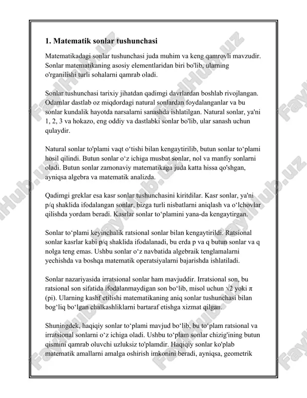 salalarda qo'llaniladi. tabiiy sonlar jamlovchi, ya'ni butun musbat sonlar sifatida ham qaraladi. xar bir butun musbat son tabiiy son hisoblanadi. tabiiy sonlar qatorida eng kichik son 1, eng katta son esa mavjud emas. ushbu qator boshlang'ich nuqtasi aniq bo'lgan, ammo oxirgi nuqtasi yo'q bo'lgan qatorlar toifasiga kiradi. har qanday natural sonning o'zidan keyingi soni mavjud bo'lib, bu tabiiy sonlar qatorida har doim +1 qo'shish orqali hosil qilinadi. matematikada tabiiy sonlar bir qancha asosiy geometrik va algebraik xossalarga ega. masalan, tabiiy sonlar qatori uzluksiz bo'lmagan to'plamdir, ya'ni sonlar orasidagi o'zaro masofa hech qachon 0 ga teng emas. tabiiy sonlar qo‘shish operatsiyasiga nisbatan yopiq to‘plam hosil qiladi, ya’ni har qanday ikki tabiiy sonning yig‘indisi yana tabiiy sondir. xuddi shunday, ko'paytirish operatsiyasi ham tabiiy sonlar to'plamida yopiq bo'lib, har qanday ikki tabiiy sonning ko'paytmasi ham tabiiy sondir. tabiiy sonlar orasida asosiy sonlar bo'lgan bo'linuvchilar ham mavjud, bu sonlarsiz boshqa tabiiy sonlarni hosil qilib …