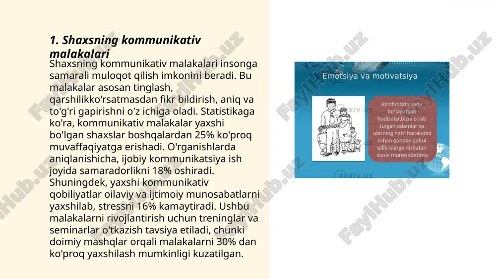 asosida bilimlarni kuchaytirish zarur. ... t.me/slaydai_bot 6. qaror qabul qilish jarayoni va odatlari mavzusi muhokama qilinar ekan, qaror qabul qilish jarayoni turli bosqichlardan iborat ekanligi ta'kidlanadi. odatda, bu jarayon muammolarni aniqlash, ma'lumot to'plash, alternativalarni baholash, qaror qabul qilish va natijalarni kuzatish bosqichlarini o'z ichiga oladi. statistical tahlillarga ko'ra, samarali qaror qabul qilish ish faoliyatini 20% ga oshirishi mumkin. har bir bosqichda etalon odatlar shakllantiriladi, masalan, yetakchi kompaniyalarning 85% i qarorlarni guruh sifatida qabul qilish natijasida muvaffaqiyatga erishgan. shu bilan birga, statistikaga ko'ra, qaror qabul qilishdagi asosiy xatolar 60% hollarda noto'g'ri ma'lumotlardan kelib chiqadi. ... t.me/slaydai_bot 7. yaratijilik va innovatsion fikrlash yaratijilik va innovatsion fikrlash zamonaviy jamiyatning muhim unsuridir. o'zbekistonda 2020 yilda ilm-fan va texnologiyalarga ajratilgan davlat byudjeti 37% ga oshdi. global innovatsion indeksda o'zbekiston 2021 yilda 93-o'rinni egalladi. yaratijilik darajasini oshirish uchun ta'lim tizimida steam fanlariga ko'proq e'tibor qaratilmoqda. oliy ta'lim muassasalarida innovatsion markazlar soni 30 taga yetdi. 2019 yilda …