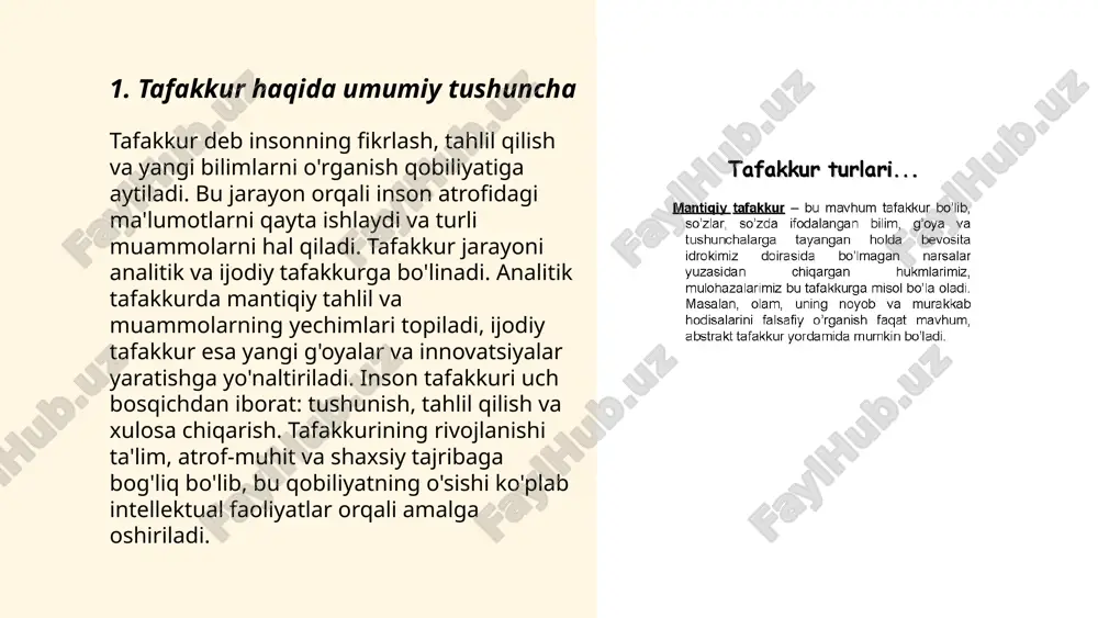 m esa odamning his-tuyg‘ularini, kayfiyatini boshqaradi. bir-biriga bog‘liq bo‘lgan bu tizimlar orqali inson atrof-muhitni anglaydi va unga munosabat bildiradi. neurologlar tafakkur va hissiy tizimning miyadagi alohida qismlardan, masalan, prefrontal korteks va limbik tizimdan boshqarilishini aniqlashgan. ushbu tizimlar uyg‘unligi ruhiy salomatlik va qaror qabul qilish jarayonlariga ta’sir qiladi. stress va ortiqcha hissiyotlar tafakkur qobiliyatini susaytirishi mumkin, shuning uchun muvozanatni saqlash muhimdir. ... t.me/slaydai_bot 7. tafakkur madaniyati tafakkur madaniyati, insonning kognitiv imkoniyatlarini rivojlantirish jarayonida muhim ahamiyatga ega. ushbu madaniyat inson fikr yuritish qobiliyati va mantiqiy tahlil qilishga tayanadi. tafakkur madaniyatini rivojlantirish uchun o'qish, yozish, muloqot qilish kabi intellektual faoliyatlarga e'tibor qaratish kerak. yosh avlodda tafakkur madaniyatini shakllantirish uchun ilmiy kitoblar o'qish, turli mavzularda bahslar uyushtirish va ijodiy mashg'ulotlar o'tkazish samarali usullardan sanaladi. bu madaniyat rivojlangan jamiyatlarda innovatsiyalarga erishish va ijtimoiy farovonlikni oshirishda muhimdir. fikrlarni tahlil qilish, yangi g'oyalarni yaratish va yangilikka ochiqlik tafakkur madaniyatining asosiy unsurlaridir. ... t.me/slaydai_bot tafakkur va o‘qitish metodlari …