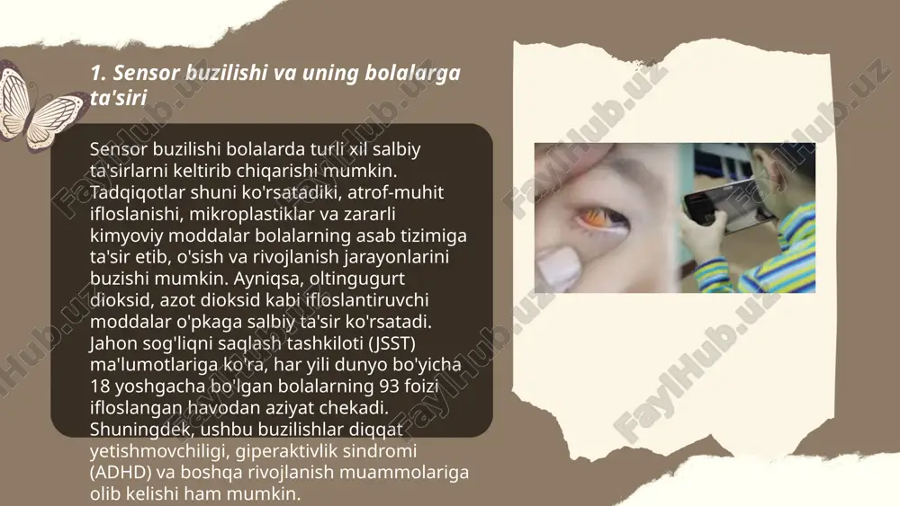 lami. sensorlar turli shakllarda bo'lib, harorat, bosim, yorug'lik, ovoz, yaqinlik kabi parametrlarga moslashgan. asosiy turlari: analog va raqamli sensorlar. analog sensorlar uzluksiz signallar beradi, raqamli sensorlar esa diskret qiymatlar. harorat sensorlariga misol sifatida termojuftlar, rdtlar va termistorlar kiritiladi. yaqinlik sensorlari ultratovush yoki infraqizil texnologiyadan foydalanadi. har bir sensor tizimi aniqlik, sezgirlik va vaqtga sezuvchanlik xususiyatlariga ega bo'lib, har xil ilovalarda qo'llaniladi. skayner, akselerometr va giroskop kabi sensorlar smartfonlarda keng foydalaniladi. ... t.me/slaydai_bot sensorli integratsiya va motor ko'nikmalarining rivojlanishi bolaning dastlabki yillarda asosan shakllanadi. ular idrok, harakatni muvofiqlashtirish va muhit bilan muloqot qilish qobiliyatlarini yaxshilaydi. bolaning miya rivojlanishi hayotining birinchi 1000 kunida juda tez sodir bo'ladi, bu motor ko'nikmalarining asosiy poydevorini yaratadi. sensorli integratsiya bolaning tegish, hidlash, eshitish va ko'rish orqali atrof-muhitdan axborot olish va unga moslashish qobiliyatidir. motor ko'nikmalari esa dastlabki 5 yil ichida mustahkamlana boshlaydi, bu bolaga umi tasavvurlarini rivojlantirishga yordam beradi. shu davrda bolaning o'yin va jismoniy faolligi …