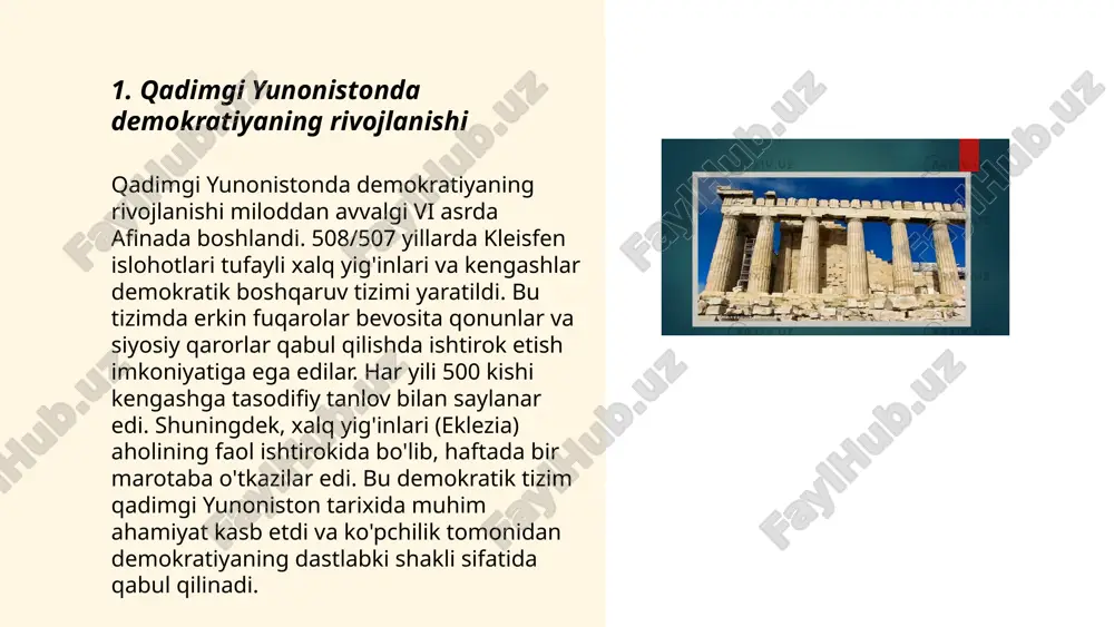 ular yig'inlarda ishtirok etish, ovoz berish, mansabni egallash kabi huquqlarga ega edi. fuqarolar jamiyatning ijtimoiy, siyosiy va iqtisodiy hayotiga to'liq kirish imkoniyatiga ega bo'lgan. ayollar, qullar va chet elliklar fuqarolik huquqlaridan mahrum qilingan edi. afina fuqarosi bo'lish uchun kamida 18 yoshda bo'lish va ota-onasi afinalik bo'lishi talab qilingan. fuqarolik tushunchasi jamiyat boshqaruvida faol ishtirokni ta'minlashga qaratilgan edi. ... t.me/slaydai_bot 7. rim imperiyasida hukmdorlik nazariyalari rim imperiyasida hukmdorlik nazariyalari turli tushunchalarga asoslangan. o'ylar asosan qudrat, huquq va ilohiylikdan iborat edi. avgust davrida imperatorlar ilohiy maqomga ko'tarilgan va ular "imperator" yoki "caesar" deb yuritilgan. bu davrda "pax romana" tushunchasi, ya'ni rimning tinchlik va farovonligi muhim edi. imperatorlarning qudrati senat va xalq tomonidan rasmiy tasdiqlangan, biroq amalda ular cheksiz vakolatlarga ega edi. romulus va remus afsonasi ham rimning asoschilari haqidagi qissa sifatida hukmdorlik nazariyalariga qo'shimcha ma'lumot beradi, rim aholisi bunga hurmat bilan qaragan. ... t.me/slaydai_bot sofistlar eramizdan avvalgi 5-asrda yunonistonda paydo bo'lgan olimlar …