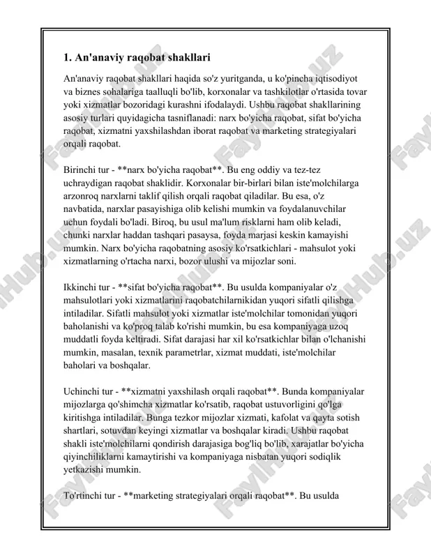 ning tanlovini katta darajada ta'sir qiladi. **monopoliya** 1. **ta'rifi:** monopoliya bu bitta firma yoki kompaniya butun bozorda yagona yetkazibchi bo'lganda sodir bo'ladi. monopol ustunligiga erishgan firma boshqa raqobatchilarga nisbatan kuchli bo'ladi. 2. **xususiyatlari:** - **bozorda bitta yetkazibchi:** monopoliyadagi asosiy xususiyat - bu bozorda yagona yetkazibchi bo'lishidir. - **yuqori narx qo'yish qobiliyati:** monopolistlar bozorda yagona bo'lganligi sababli, ular narxlarni o'z xohishiga ko'ra belgilashlari mumkin. - **bozor to'siqlari:** yangi raqobatchilar uchun bozorda kirish qiyin bo'lganligi sababli, monopoliyaga kirish to'siqlari yuqori bo'ladi. 3. **misollar:** ko'p mamlakatlarda infratuzilma tarmoqlari, masalan, elektr yoki suv ta'minoti kabi xizmatlar davlat monopoliyalari bo'lishi mumkin. 4. **statistik belgilar:** - ilmiy statistikaga ko'ra, aqshda monopol firmalar soni moliya sektorida ma'lum bir vaqt davomida 50% ga o'sgan. - monopolistikalari bo'lgan bozorlarda, iste'molchilarning tanlovi cheklangan bo'lib, mahsulotlar narxi o'rtacha 20-30% yuqoriroq bo'lishi mumkin. **oligopoliya** 1. **ta'rifi:** oligopoliya bu bozorni bir nechta yirik kompaniyalar nazorat qiladigan tuzilmadir. bu kompaniyalar bozorda katta ulushga ega …