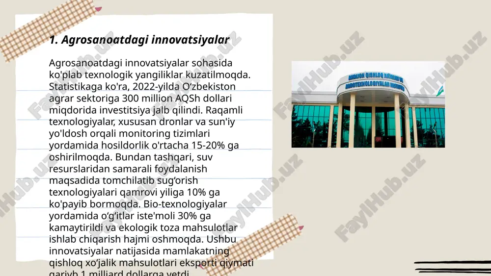 yog'ingarchilik miqdori 100-400 mm ni tashkil qiladi, bu ko'pgina qishloq xo'jaligi ekinlari uchun yetarli emas. shu sababli, sug'orish tizimlari muhim ahamiyatga ega. iqlim o'zgarishi xavfiga qarshi choralar ko'rish zarur bo'lib, hosildorlikni oshirishda yangi landshaft moslamalari zarur. ... t.me/slaydai_bot oʻzbekistonda irrigatsiya tizimlarining rivojlanishi ming yillik tarixga ega. bugungi kunda mamlakat hududida 4,3 million gektar sugʻoriladigan yer mavjud. suv resurslarining 90% qishloq xoʻjaligi uchun ishlatiladi. xxi asr boshidan beri, suv samaradorligini oshirish uchun 300 ming gektar maydonlarda tomchilatib sugʻorish texnologiyalari joriy etilgan. amu-daryo va sirdaryo havzalaridan yillik 55 milliard kubometr suv olinadi. xxi asrning oʻrtalariga kelib, suv ta’minoti muammolari yirik muammo boʻlishi kutilmoqda, bu esa sugʻorish tizimlarini modernizatsiya qilish zaruratini kuchaytiradi. 2025 yilgacha 1,5 million gektar yangi sugʻoriladigan maydonlar yaratish rejalashtirilgan. ... t.me/slaydai_bot 7. sanoatda avtomatlashtirish sanoat avtomatlashtirish zamonaviy texnologiyalar yordamida ishlab chiqarish jarayonlarini optimallashtirish va samaradorlikni oshirishni maqsad qiladi. avtomatlashtirish darajasining o‘sishi natijasida global sanoatda ish o‘rinlarining 10% dan 20% gacha …