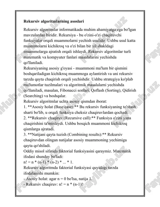 bu texnika, agar to’g’ri qo’llanilsa, murakkab muammolarni oddiy va samarali shaklda yechishda juda foydali bo’lishi mumkin. rekursiv va iterativ yechimlar rekursiv va iterativ yechimlar dasturlashda va matematikada muhim mavzular bo‘lib, masalalarni yechishda ikki xil yondashuvni tushuntiradi. **rekursiv yechimlar:** rekursiya bu funktsiyaning o‘zini o‘zi chaqirishiga asoslangan yondashuvdir. bu usul yordamida biron-bir masala kichikroq masalaga ajratilib, oxir-oqibat bazaviy holatga yetadi va o‘sha bazaviy holatdan yechim hosil qilinadi. 1. **faktorial funktsiyasi**: n faktorial (n!) rekursiv tarzda quyidagicha hisoblanadi: - n! = n * (n-1)! agar n > 0 - 0! = 1 bazaviy holat. rekursiv algoritmlar quyidagi afzalliklarga ega: - qo‘llanilishi oson, ayniqsa ayrim masalalar uchun. - kodingizni soddalashtirishi mumkin. biroq, rekursiv yechimlar resurs talab qilishi mumkin, xususan ko‘p zahira - funksiya chaqiriqlari yig‘iladi va stek xotira tez to‘lib ketishi mumkin. ba'zi masalalar uchun rekursiv yondashuv turingik rekursiya yoki dinamik dasturlash bilan optimallashtiriladi, bu xotira sarfini kamaytiradi. 2. **fibonacci qatori**: rekursiya yordamida fibonacci …