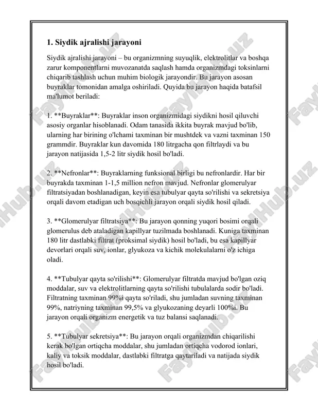 bo‘lib, ular o‘z navbatida qonni filtrlaydi va chiqindilarni yig‘ib, organizmdan chiqaradi. 2. **ekstraksiya va chiqarish**: nefronlarda ishlab chiqarilgan filtrat moddalari, masalan, keraksiz metabolitlar, ortiqcha tuzlar, va suv buyrak tubulalari orqali harakatlanadi va peshob shaklida tanadan chiqariladi. shu jarayon yordamida ortiqcha va zararli moddalar tanadan chiqariladi. 3. **vazidintartibga solish**: buyraklar organizmda suyuqlikning kerakli darajada ushlab turilishida muhim o‘rin egallaydi. ular suv balansini saqlash orqali qon bosimini tartibga solishda hizmat qiladi. bu jarayon natijasida ortiqcha suv peshob shaklida chiqib ketadi va kerakli miqdorda suv organizmda saqlanib qoladi. 4. **elektrolitlar balansini tartibga solish**: buyraklar natriy, kaliy, kaltsiy va fosfat kabi elektrolitlar miqdorini muvozanatda ushlab turadi. bu elektrolitlar organizmning turli fiziologik jarayonlarida ishtirok etadi, masalan, nerv va muskul to‘qimalarining faoliyati uchun juda muhimdir. 5. **kislotali-ishqoriy muvozanatni saqlash**: buyraklar qonni kerakli ph muvozanatda ushlab turishda ham muhim rol o‘ynaydi. ular qonda ortiqcha kislotalarni siydik orqali chiqarib yoki zarur miqdorda bikarbonatni chiqarib haroratni saqlaydi. 6. **qonni …