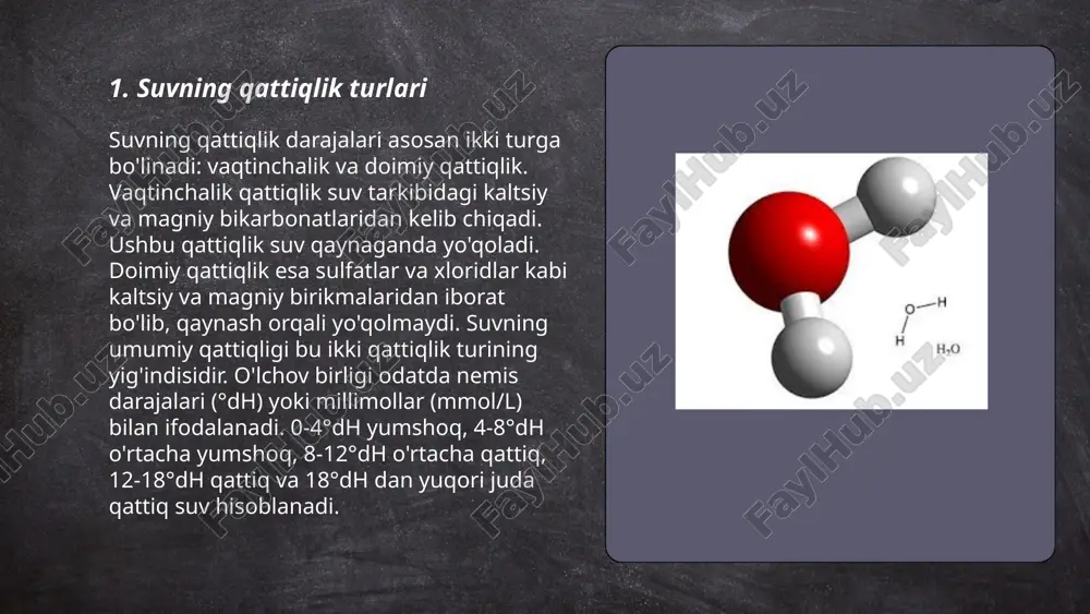 inuvi - qatlamlar orqali suv o'tkazish orqali qattiqlikni pasaytirish; 4) atom adsorbsion spektroskopiyasi - metal ionlarini aniqlash; 5) kompyuterlashgan analiz (ion kromatografiya) - yuqori aniqlik bilan ionlarni aniqlash. suv qattiqligi odatda nemis qattiqlik darajalari (°dh) yoki milligramm ekvivalent (mg-ekv/l) bilan ifodalanadi. ... t.me/slaydai_bot 7. qaynatish orqali suv yumshatish qaynatish orqali suv yumshatish – suv tarkibidagi vaqtinchalik qattiqlikni bartaraf etish usuli hisoblanadi. suv qattiqligi kaltsiy (ca) va magniy (mg) tuzlari bilan bog‘liq. qaynatishda kaltsiy bikarbonat (ca(hco₃)₂) va magniy bikarbonat (mg(hco₃)₂) parchalanib, kaltsiy karbonat (caco₃) va magniy gidroksid (mg(oh)₂) cho‘kmaga tushadi. bu jarayon: ca(hco₃)₂ → caco₃ (s) + h₂o + co₂ (gaz) tarzida kechadi. natijada suvdagi ca²⁺ va mg²⁺ ionlari konsentratsiyasi kamayadi va suv yumshaydi. qaynatish orqali suvning umumiy qattiqligini kamaytirish mumkin emas, lekin vaqtinchalik qattiqlik 50% gacha yoki undan ko‘proq pasayishi mumkin. ... t.me/slaydai_bot ion almashinuvi usuli moddalar orasida ion ajratish va almashinish jarayonini anglatadi. ushbu usul suvni tozalash, kimyoviy moddalarning …